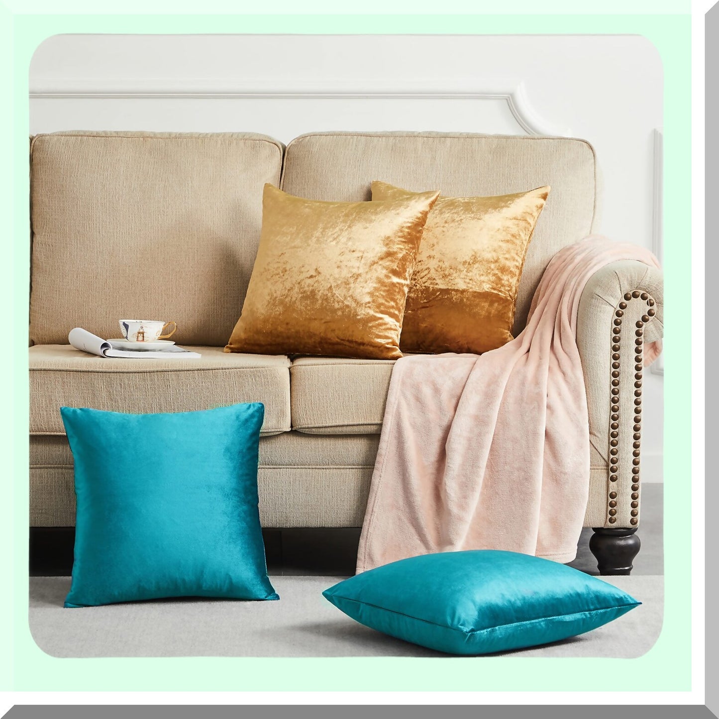 Luxury Velvet Gold Teal Pillow Covers - Set of 4 | Soft Square Cushion Covers 18 x 18 | Decorative Throw Pillowcases for Home Decor