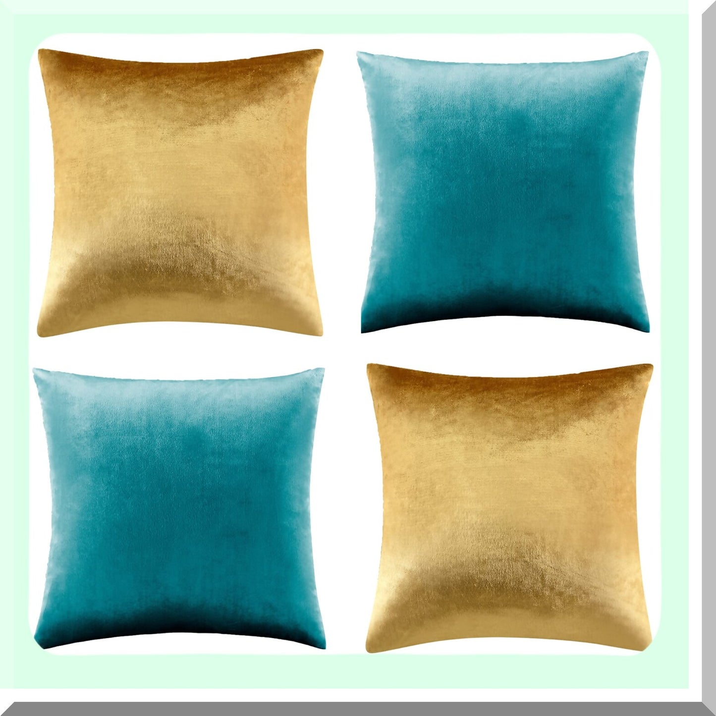 Luxury Velvet Gold Teal Pillow Covers - Set of 4 | Soft Square Cushion Covers 18 x 18 | Decorative Throw Pillowcases for Home Decor