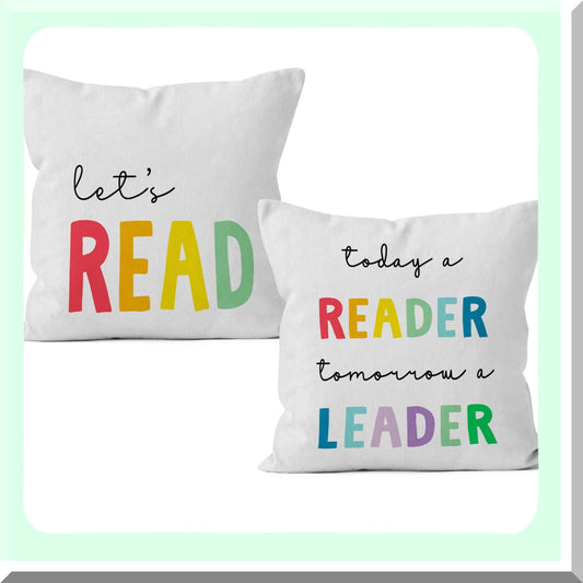 Leader Reader Decorative Pillow Covers - Set of 2, Let's Read Today a Reader Tomorrow a Leader Throw Pillow Cover 18 x 18 for Reading Nook, Clroom, Nursery