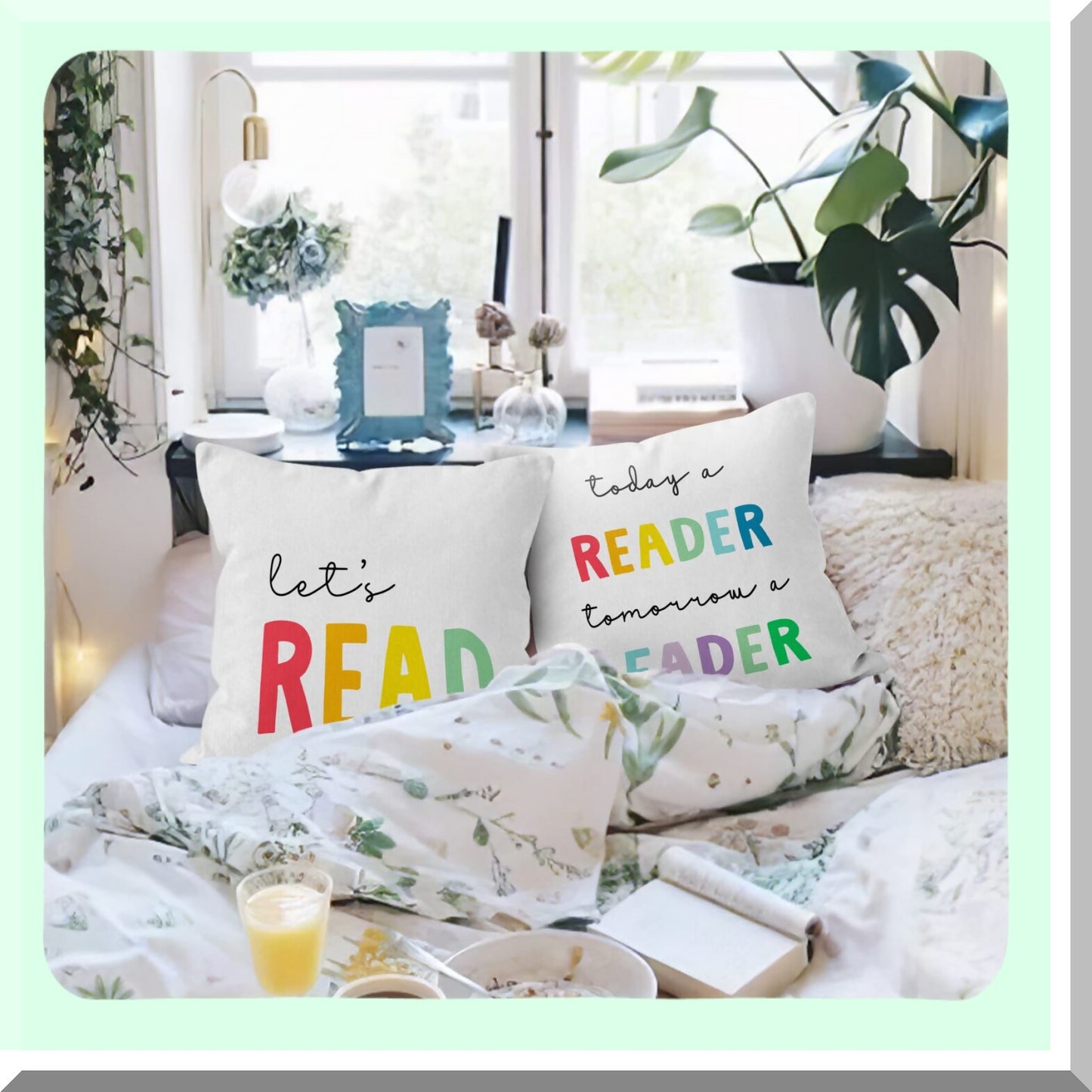 Leader Reader Decorative Pillow Covers - Set of 2, Let's Read Today a Reader Tomorrow a Leader Throw Pillow Cover 18 x 18 for Reading Nook, Clroom, Nursery