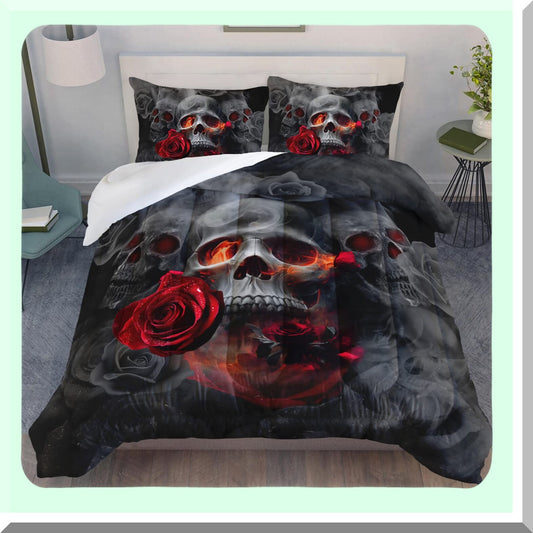 Luxury Skull Rose Comforter Set - Full Size Bedding for Men with Smoke Fog Print - Romantic Bedroom Decor in Nature Grey and Black - Includes 1 Comforter and 2 Pillowcases