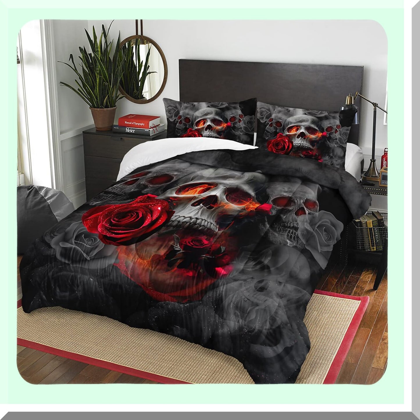 Luxury Skull Rose Comforter Set - Full Size Bedding for Men with Smoke Fog Print - Romantic Bedroom Decor in Nature Grey and Black - Includes 1 Comforter and 2 Pillowcases