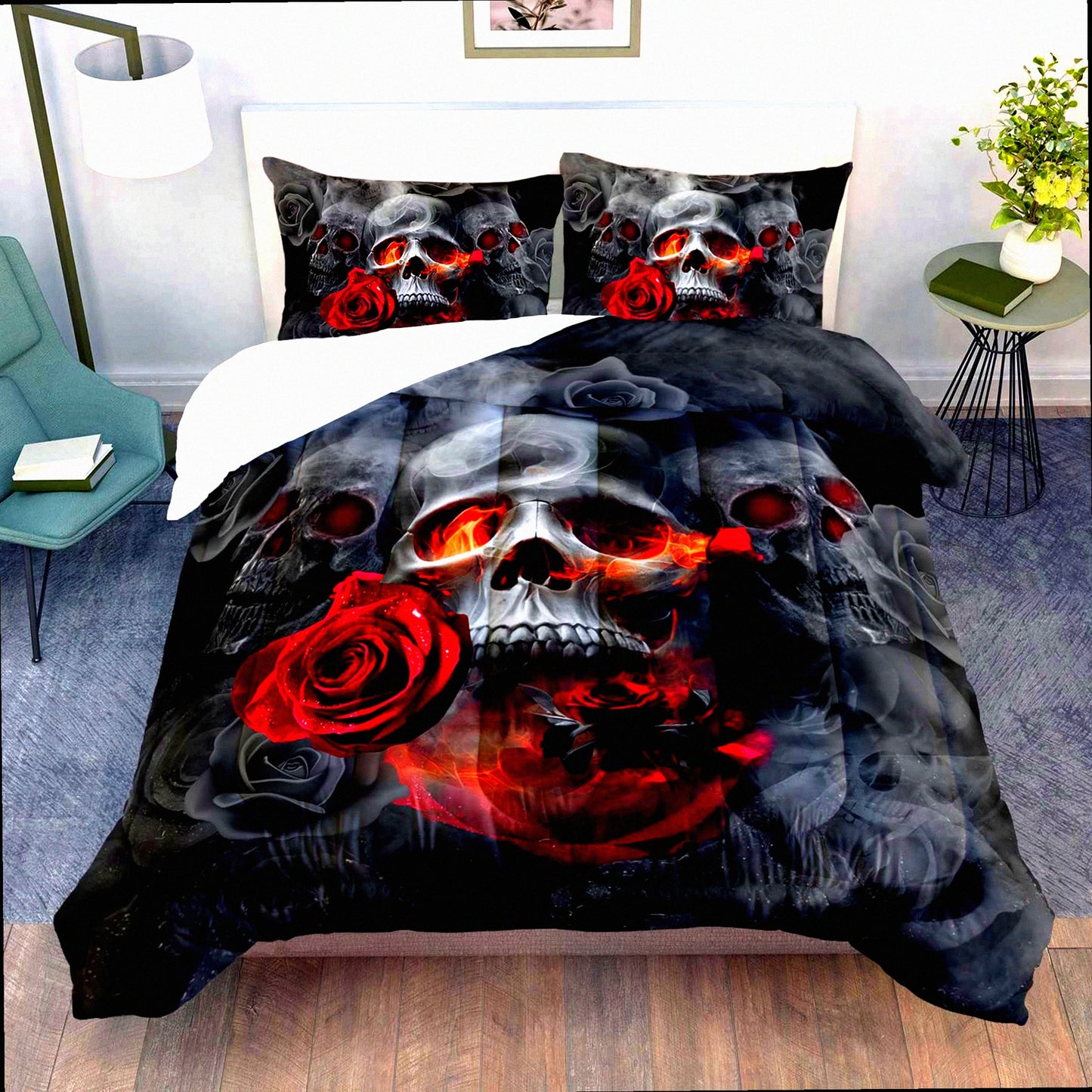 Luxury Skull Rose Comforter Set - Full Size Bedding for Men with Smoke Fog Print - Romantic Bedroom Decor in Nature Grey and Black - Includes 1 Comforter and 2 Pillowcases