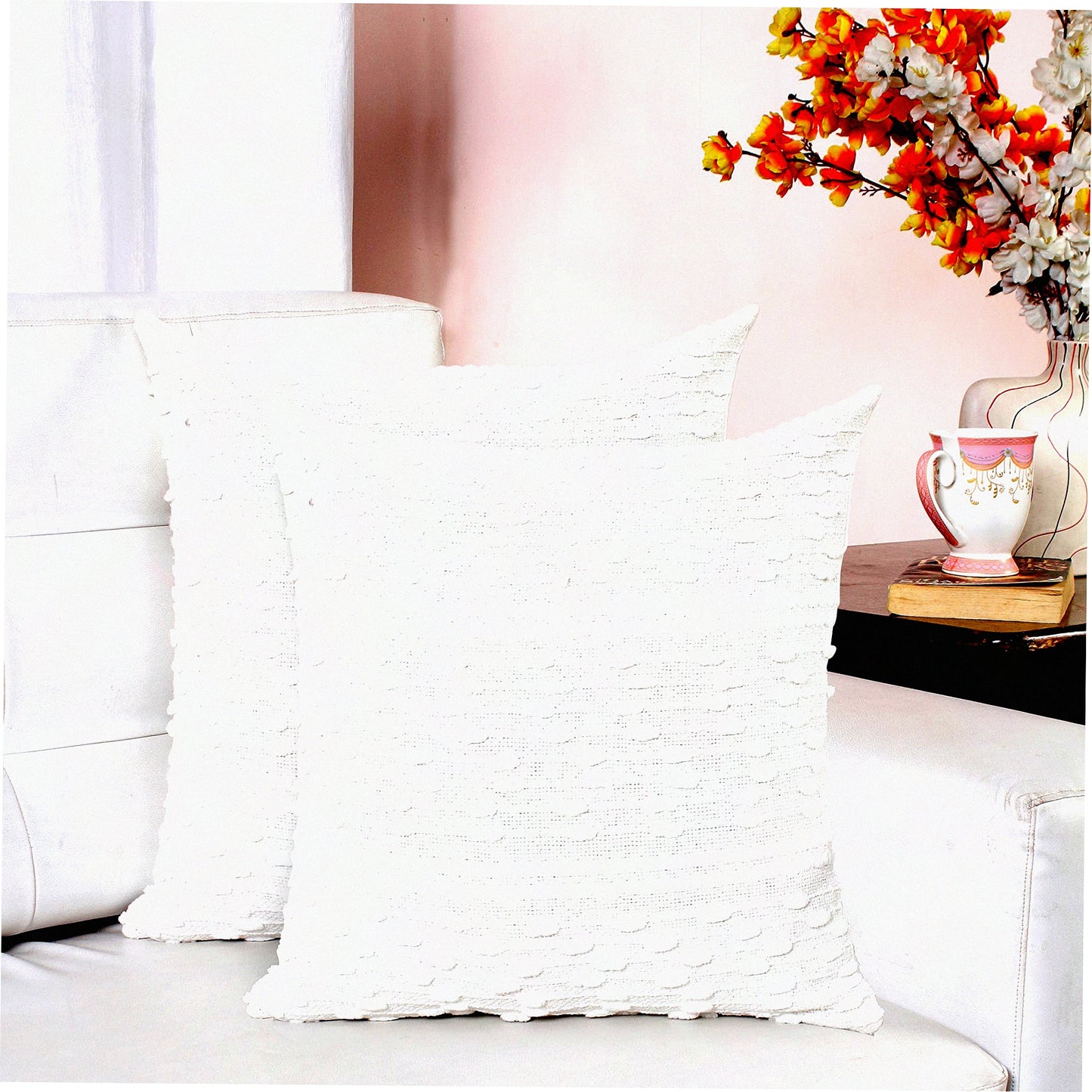 Farmhouse Boho Tufted Pillow Cover Set - 18x18 Inch Cotton Hand Woven Decorative Design for Couch Sofa Bedroom - Off White Textured Hug Pillowcases - 2 Pc Pack