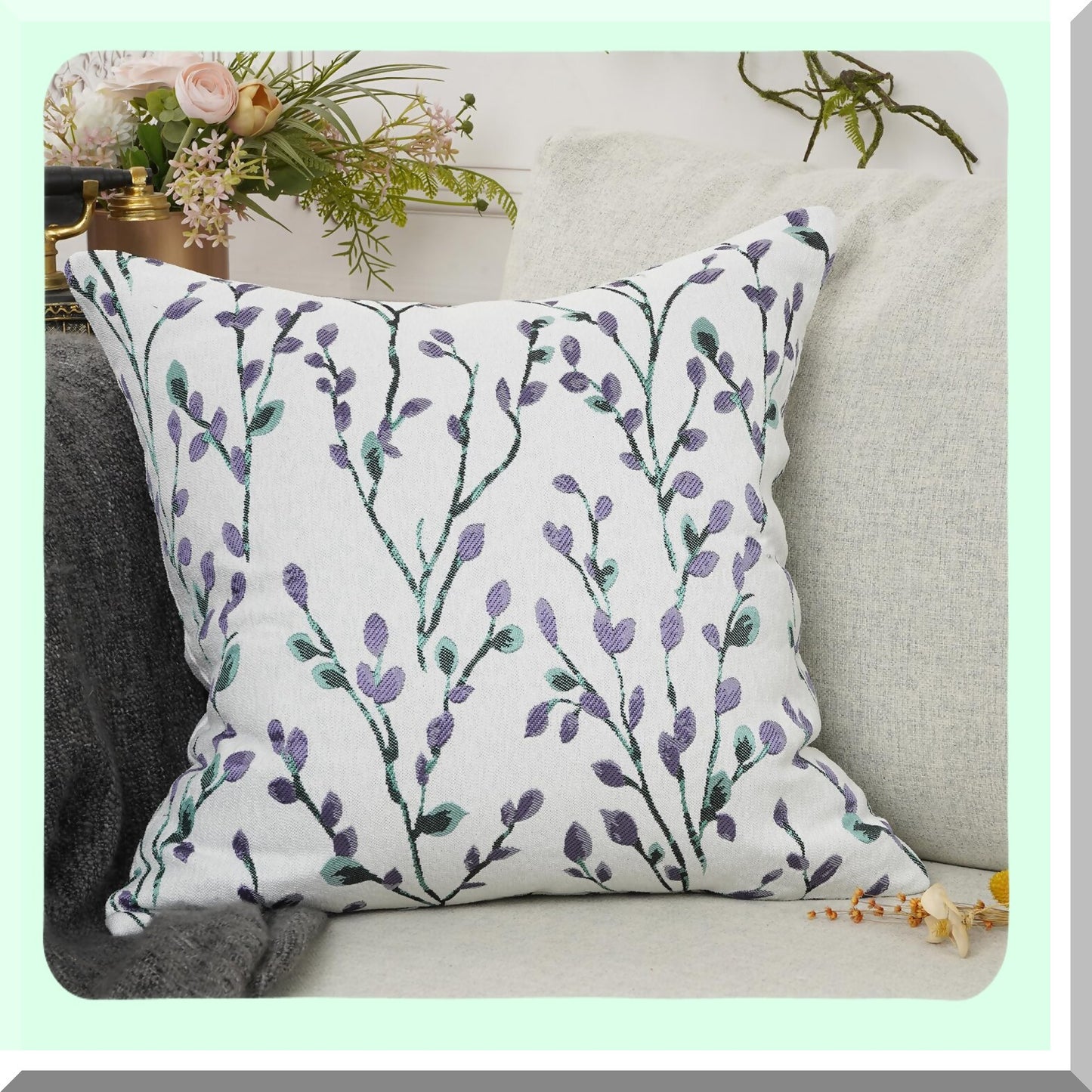 Purple Jacquard Square Embroidery Throw Pillow Cover - 18x18 Inch Decorative Cushion Case for Home Décor - Clical Style Embroidered Design