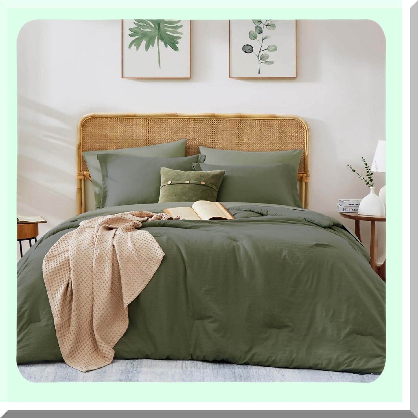 Luxury Olive Green Microfiber Comforter Set - 7 Piece Queen Bedding Bundle with Fitted Sheet, Flat Sheet, Pillow Shams, and Pillowcases - All Season Warmth