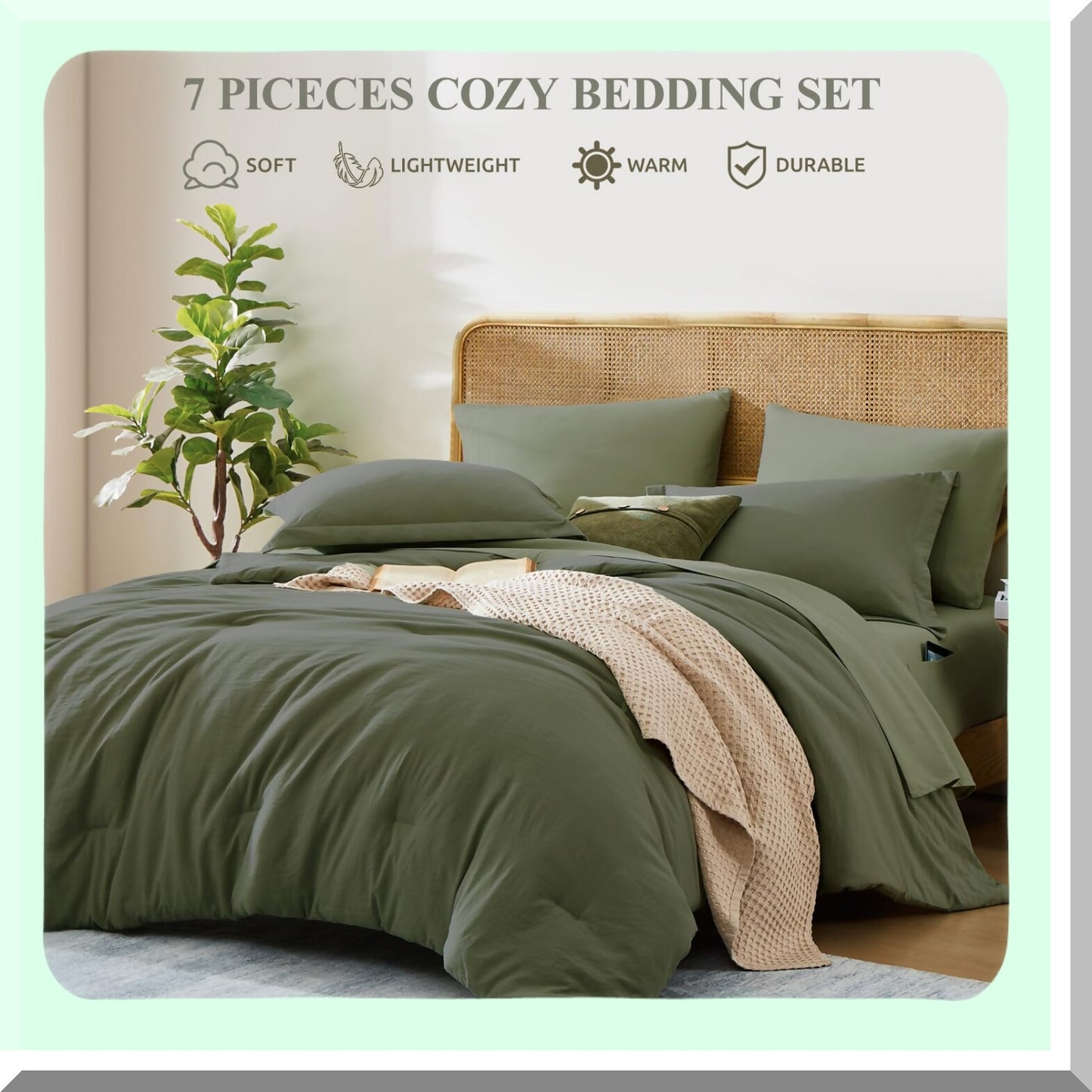 Luxury Olive Green Microfiber Comforter Set - 7 Piece Queen Bedding Bundle with Fitted Sheet, Flat Sheet, Pillow Shams, and Pillowcases - All Season Warmth