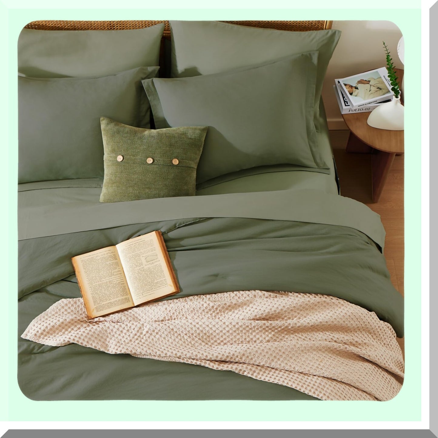 Luxury Olive Green Microfiber Comforter Set - 7 Piece Queen Bedding Bundle with Fitted Sheet, Flat Sheet, Pillow Shams, and Pillowcases - All Season Warmth