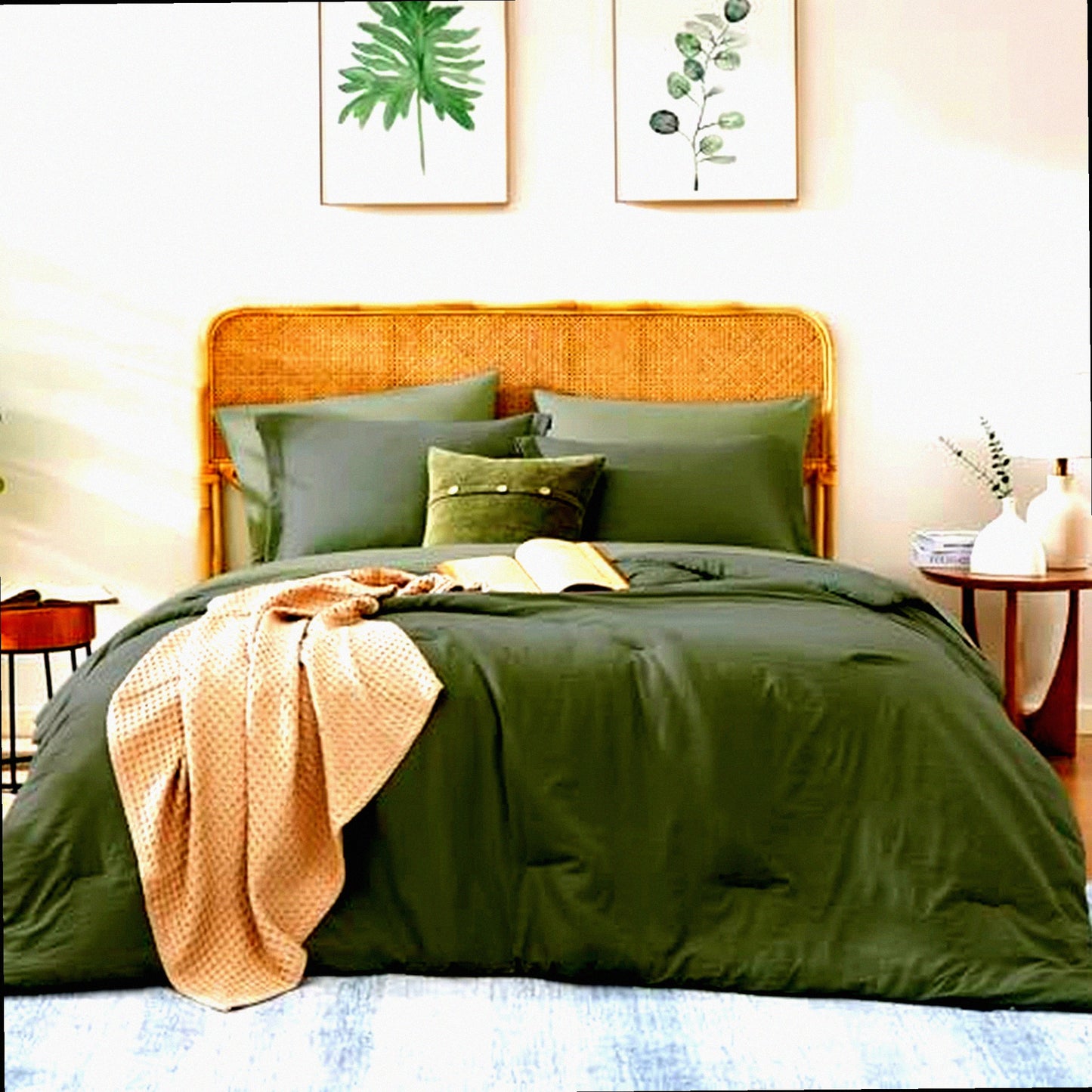 Luxury Olive Green Microfiber Comforter Set - 7 Piece Queen Bedding Bundle with Fitted Sheet, Flat Sheet, Pillow Shams, and Pillowcases - All Season Warmth