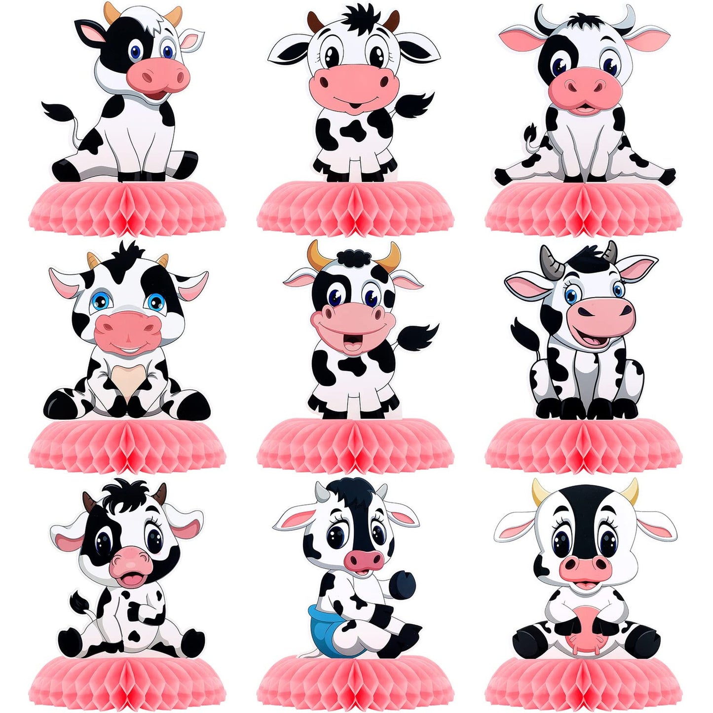 Cow Print Honeycomb Table Toppers - Set of 9 | Pink Cow Party Decorations | Farm Birthday Supplies for Girls | Cowboy Favors | Cow Theme Decor