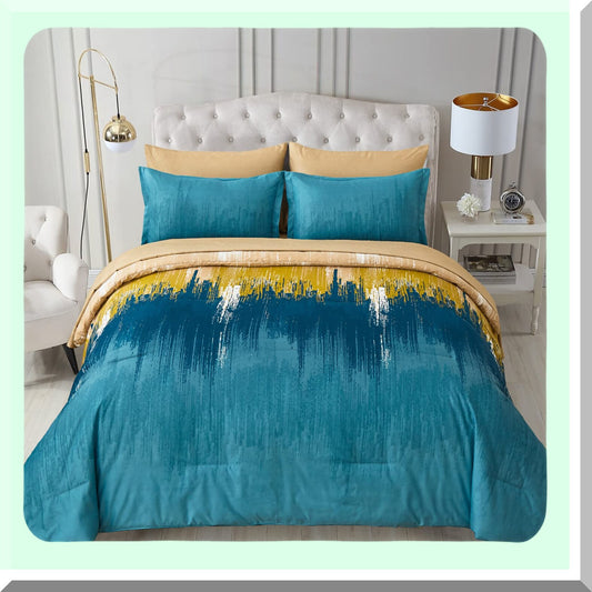 Abstract Teal Gradient 7-Piece Comforter Set - Soft Microfiber Bedding Bundle with Flat Sheet, Fitted Sheet, Pillow Shams, Pillowcases - Artistic Bed in a Bag