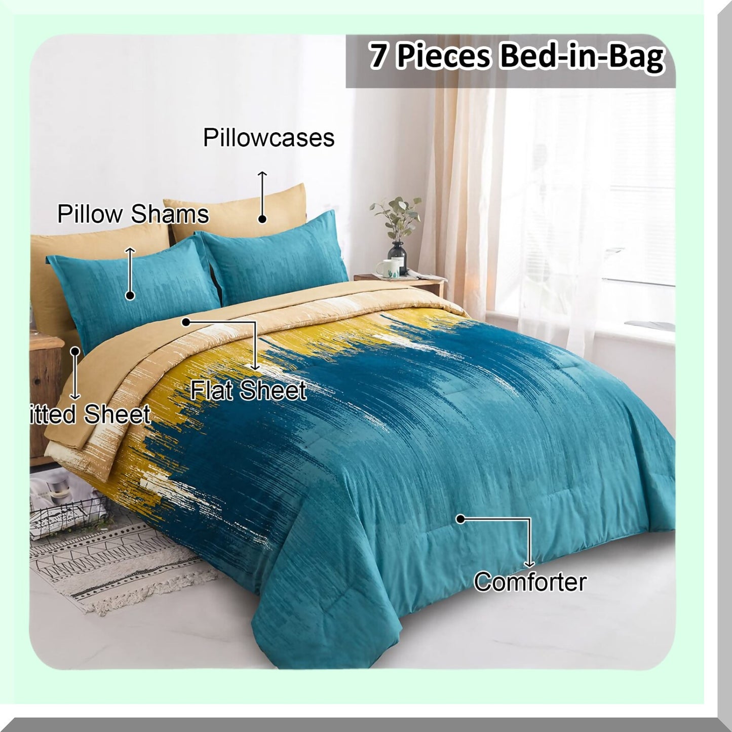 Abstract Teal Gradient 7-Piece Comforter Set - Soft Microfiber Bedding Bundle with Flat Sheet, Fitted Sheet, Pillow Shams, Pillowcases - Artistic Bed in a Bag