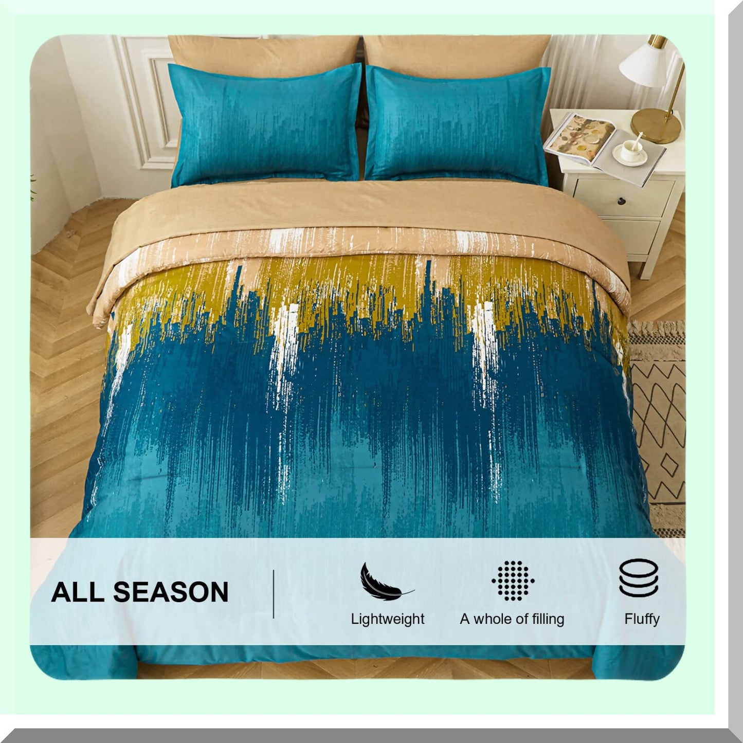 Abstract Teal Gradient 7-Piece Comforter Set - Soft Microfiber Bedding Bundle with Flat Sheet, Fitted Sheet, Pillow Shams, Pillowcases - Artistic Bed in a Bag