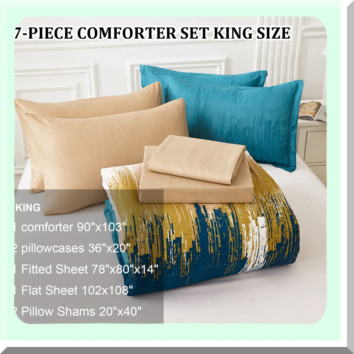 Abstract Teal Gradient 7-Piece Comforter Set - Soft Microfiber Bedding Bundle with Flat Sheet, Fitted Sheet, Pillow Shams, Pillowcases - Artistic Bed in a Bag