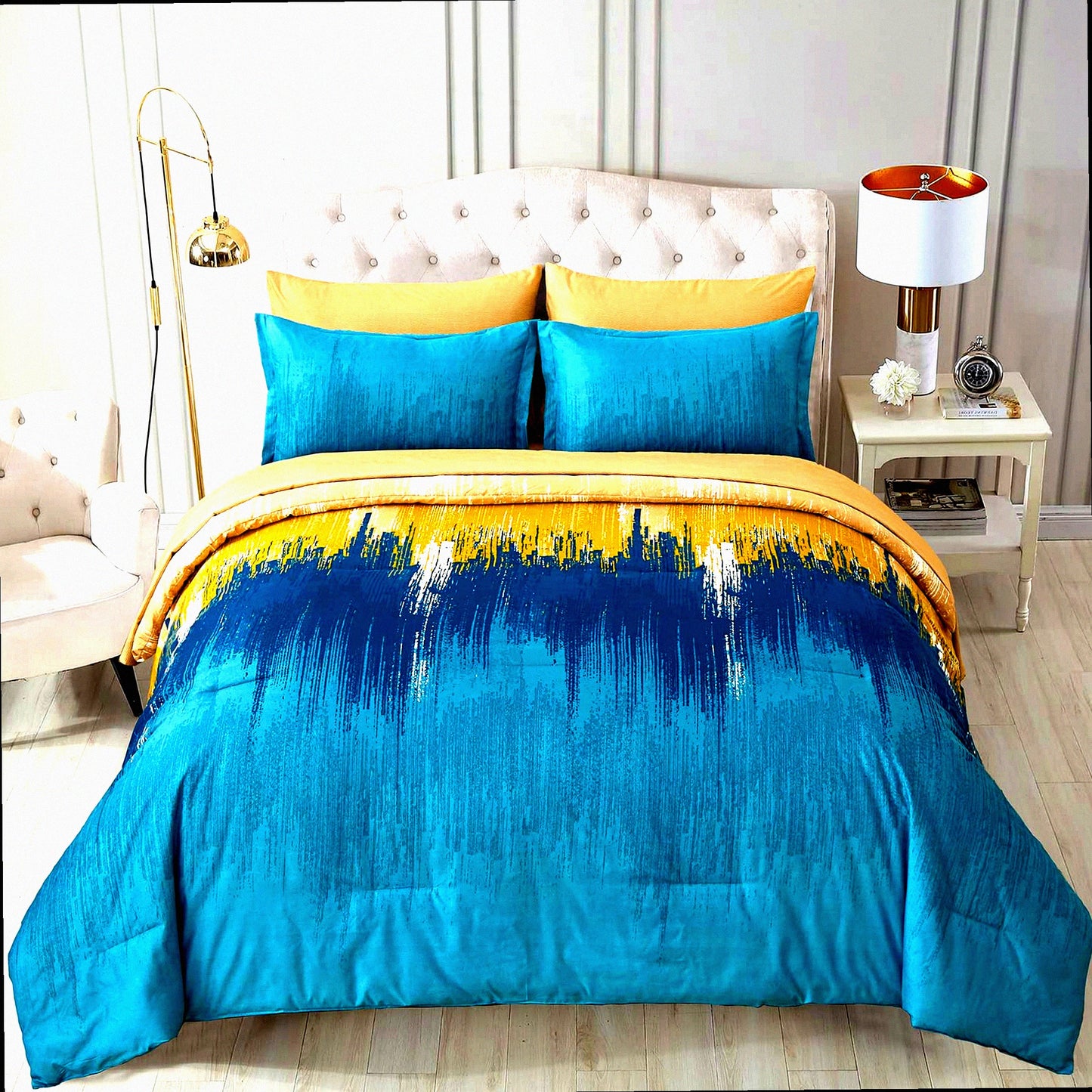 Abstract Teal Gradient 7-Piece Comforter Set - Soft Microfiber Bedding Bundle with Flat Sheet, Fitted Sheet, Pillow Shams, Pillowcases - Artistic Bed in a Bag