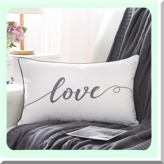 Love Embroidered Lumbar Pillow Cover - Gray Rectangular Cushion Case - Decorative Throw Pillow for Bed and Bedroom - 12x20 Inches - Soft Cotton - Pack of 1