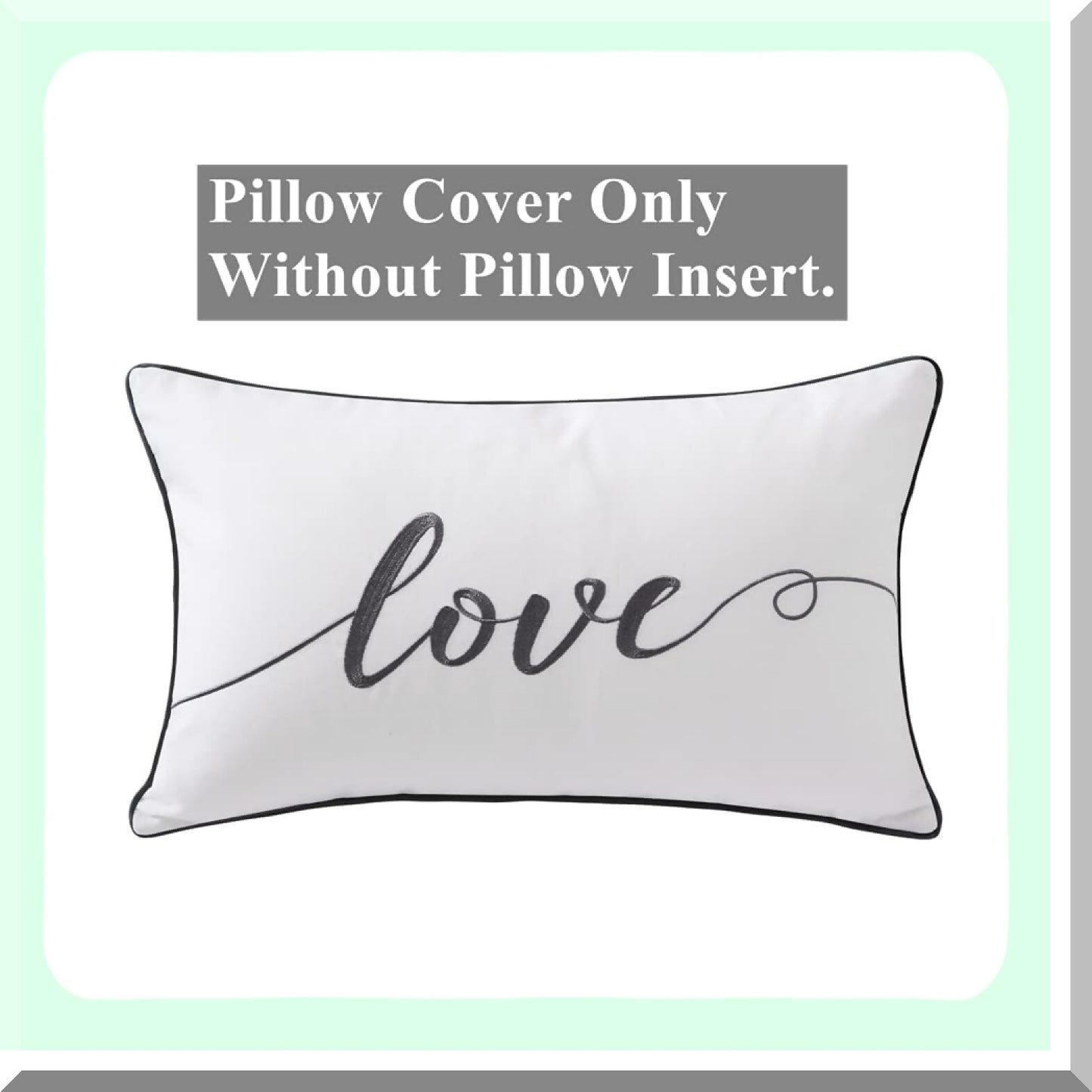 Love Embroidered Lumbar Pillow Cover - Gray Rectangular Cushion Case - Decorative Throw Pillow for Bed and Bedroom - 12x20 Inches - Soft Cotton - Pack of 1