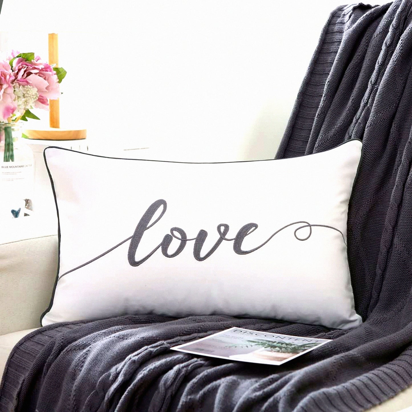 Love Embroidered Lumbar Pillow Cover - Gray Rectangular Cushion Case - Decorative Throw Pillow for Bed and Bedroom - 12x20 Inches - Soft Cotton - Pack of 1