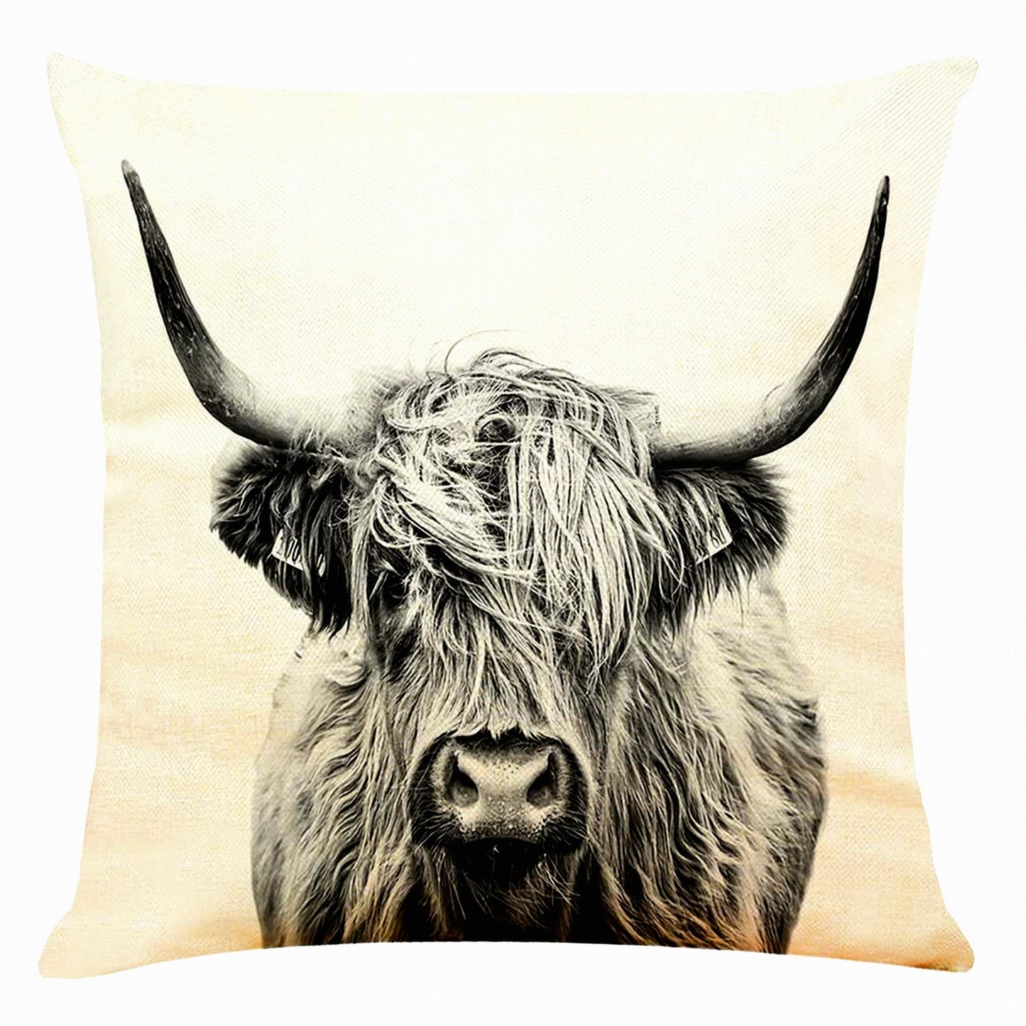 Highland Cow Linen Pillow Cover - 18x18 Inch Decorative Cushion for Couch, Sofa, Bed - Cow Home Decor - Farmhouse Style Throw Pillow Case