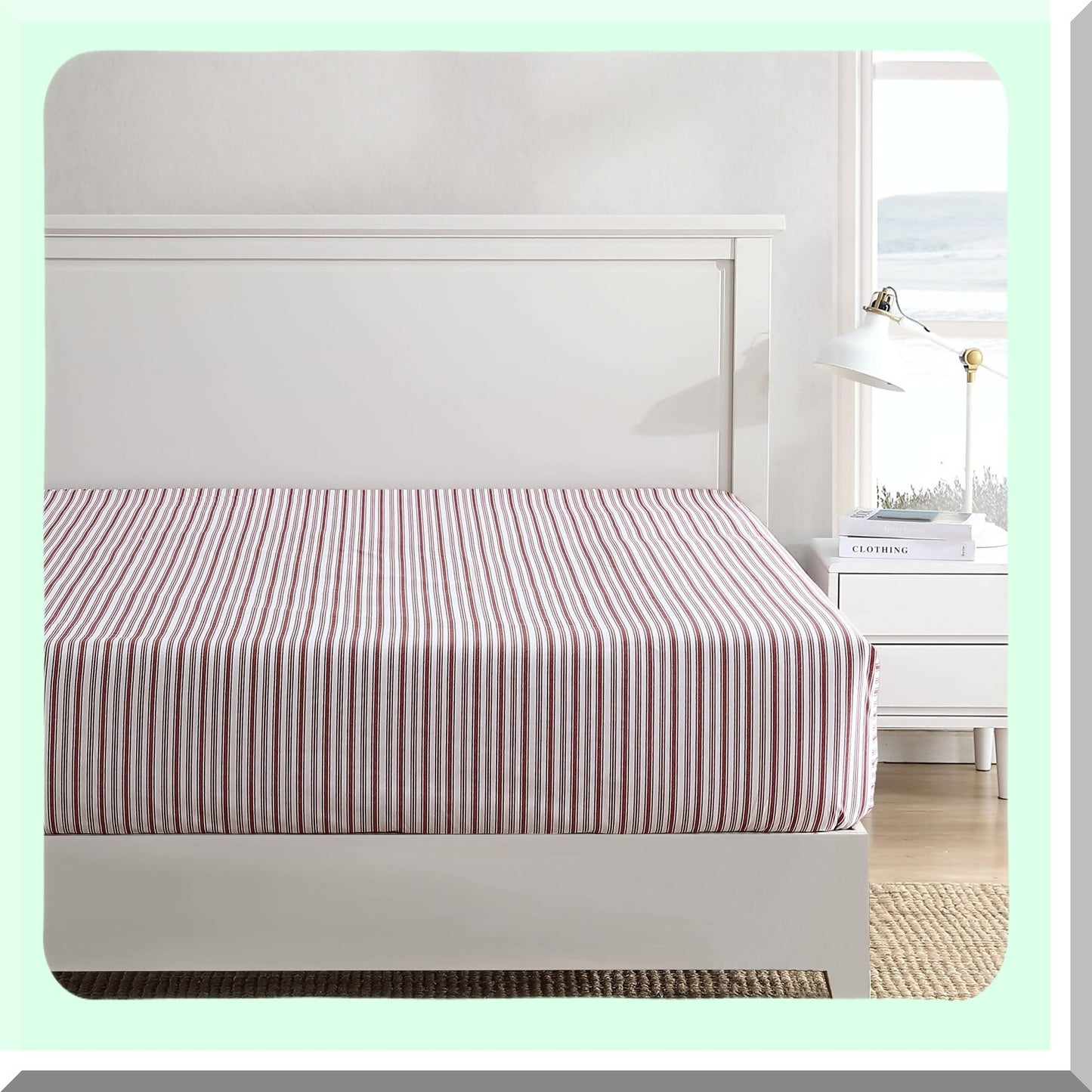CoolCotton Stripe Fitted Sheet - Red Queen Percale Bedding - Crisp Casual Home Decor - Coleridge Stripe Pattern - Breathable & Comfortable
