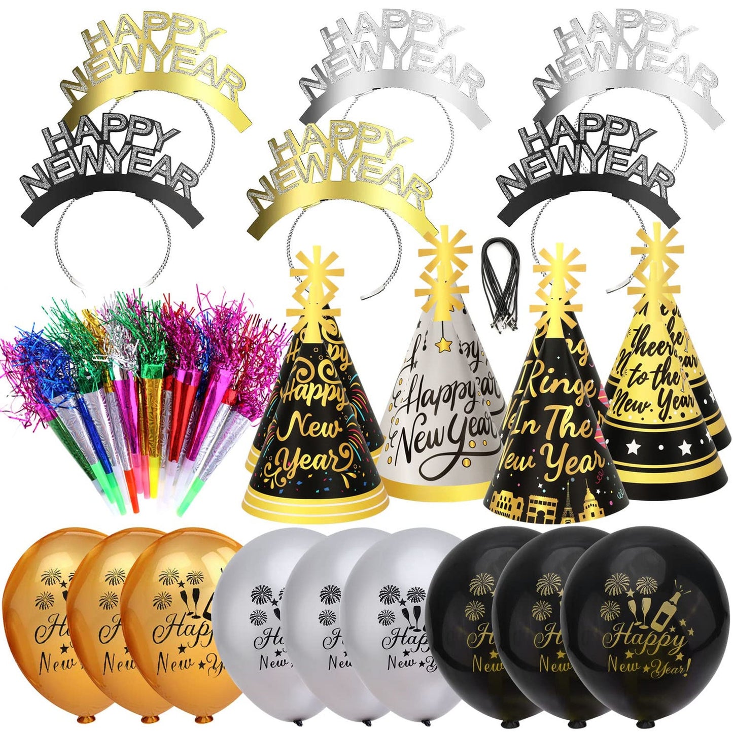 New Year Party Supplies Set with Balloons and Hats