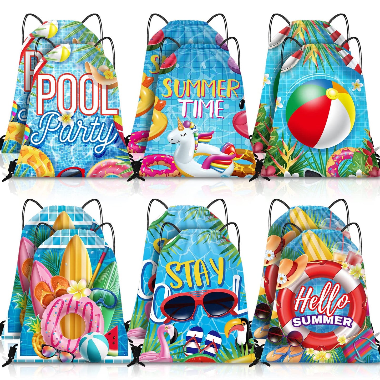 Summer Fun Drawstring Bundle - Beach Bag, Backpack, Ball, Birthday Decorations (12 Pack) - Pool Party Essentials for Kids and Adults