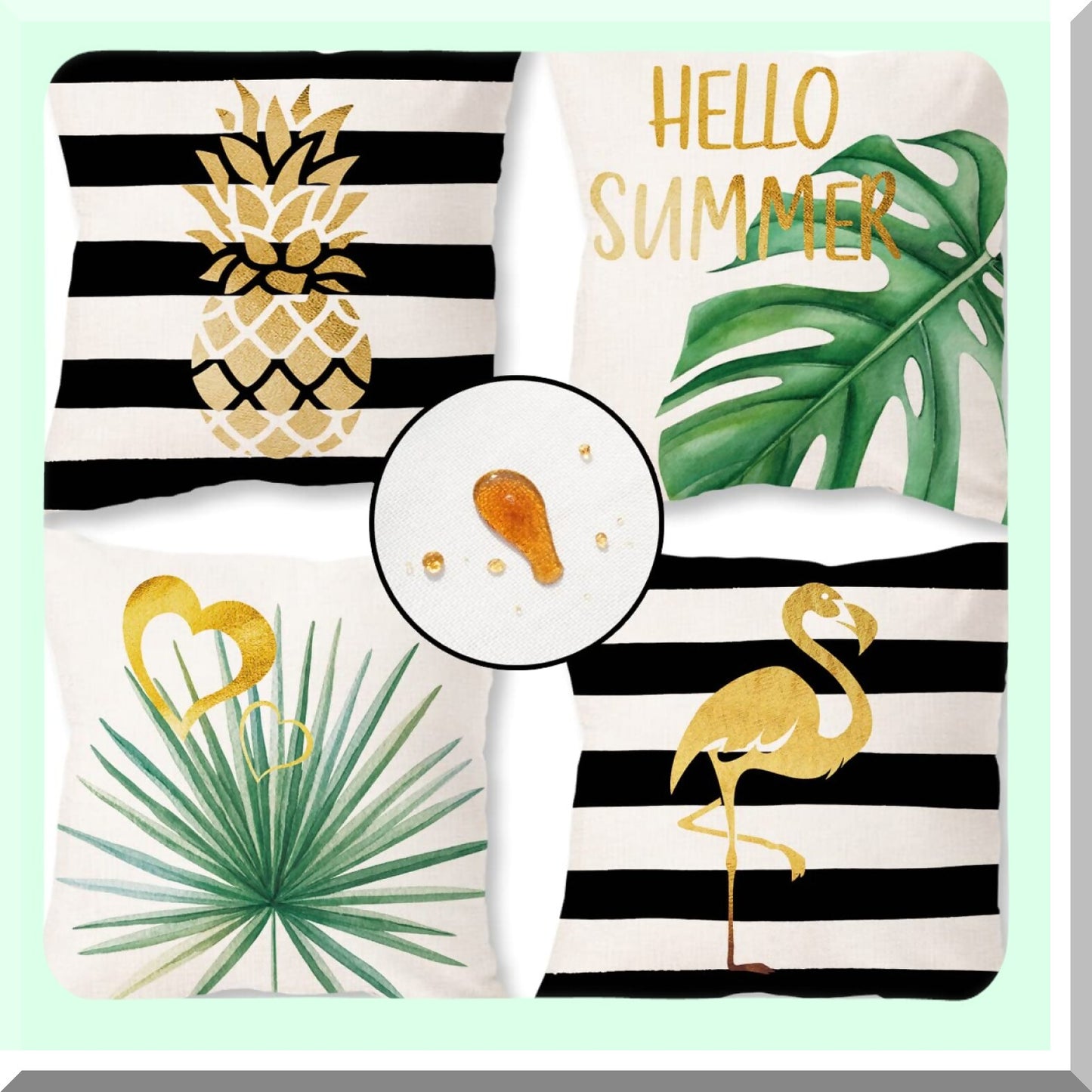SummerVibe Waterproof Pillow Covers Set - Black Stripe Gold Tropical Pineapple Flamingo 16x16 Cushion Cases for Couch Patio Decorations