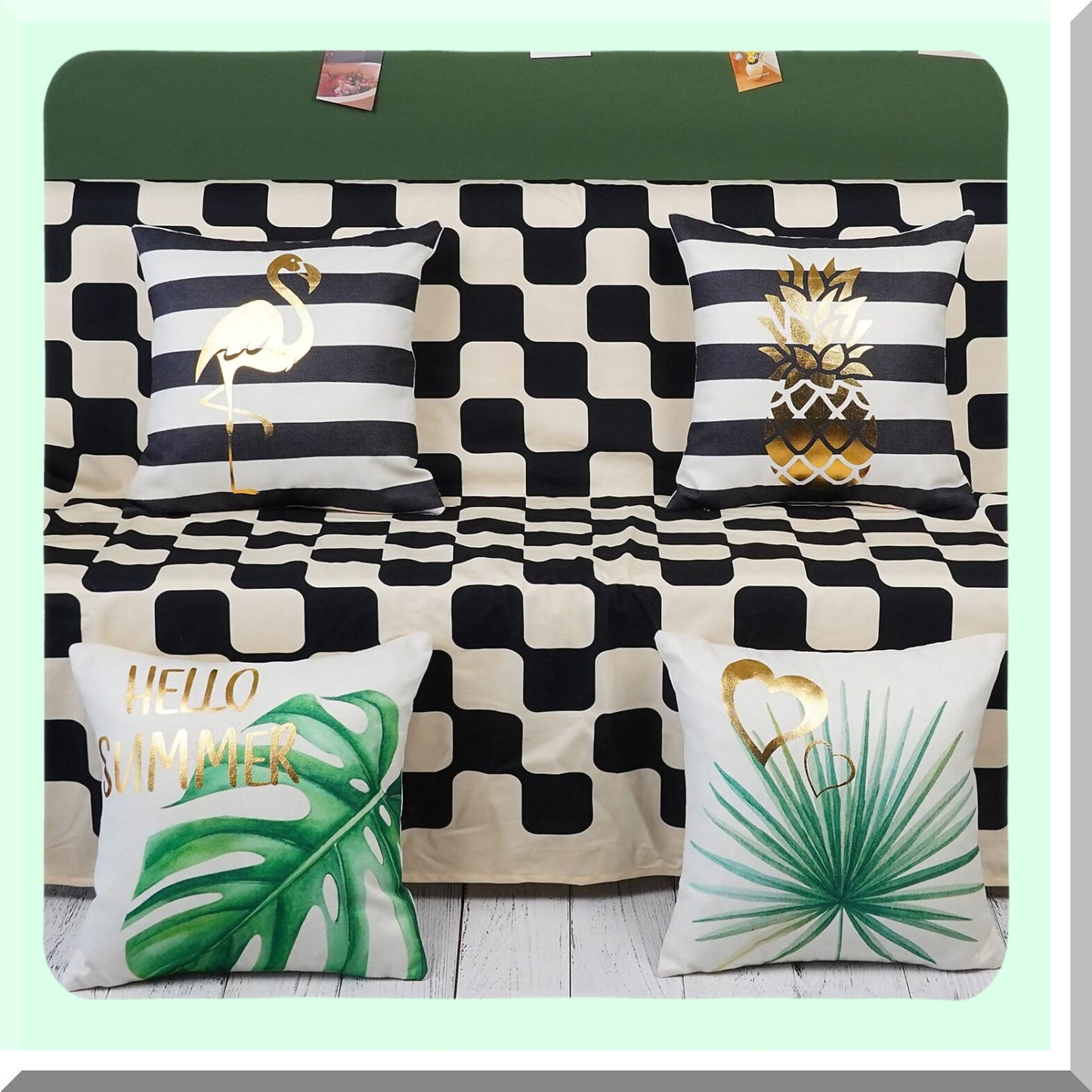 SummerVibe Waterproof Pillow Covers Set - Black Stripe Gold Tropical Pineapple Flamingo 16x16 Cushion Cases for Couch Patio Decorations