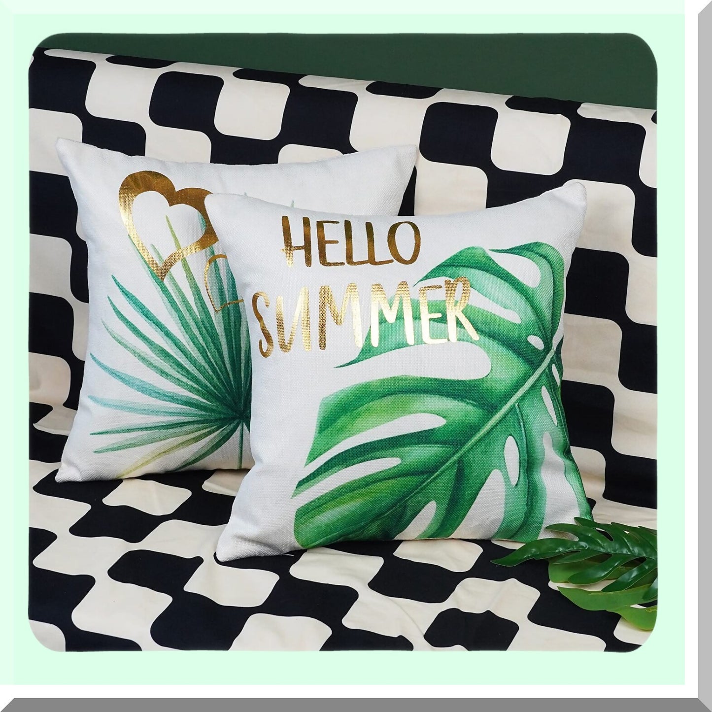 SummerVibe Waterproof Pillow Covers Set - Black Stripe Gold Tropical Pineapple Flamingo 16x16 Cushion Cases for Couch Patio Decorations