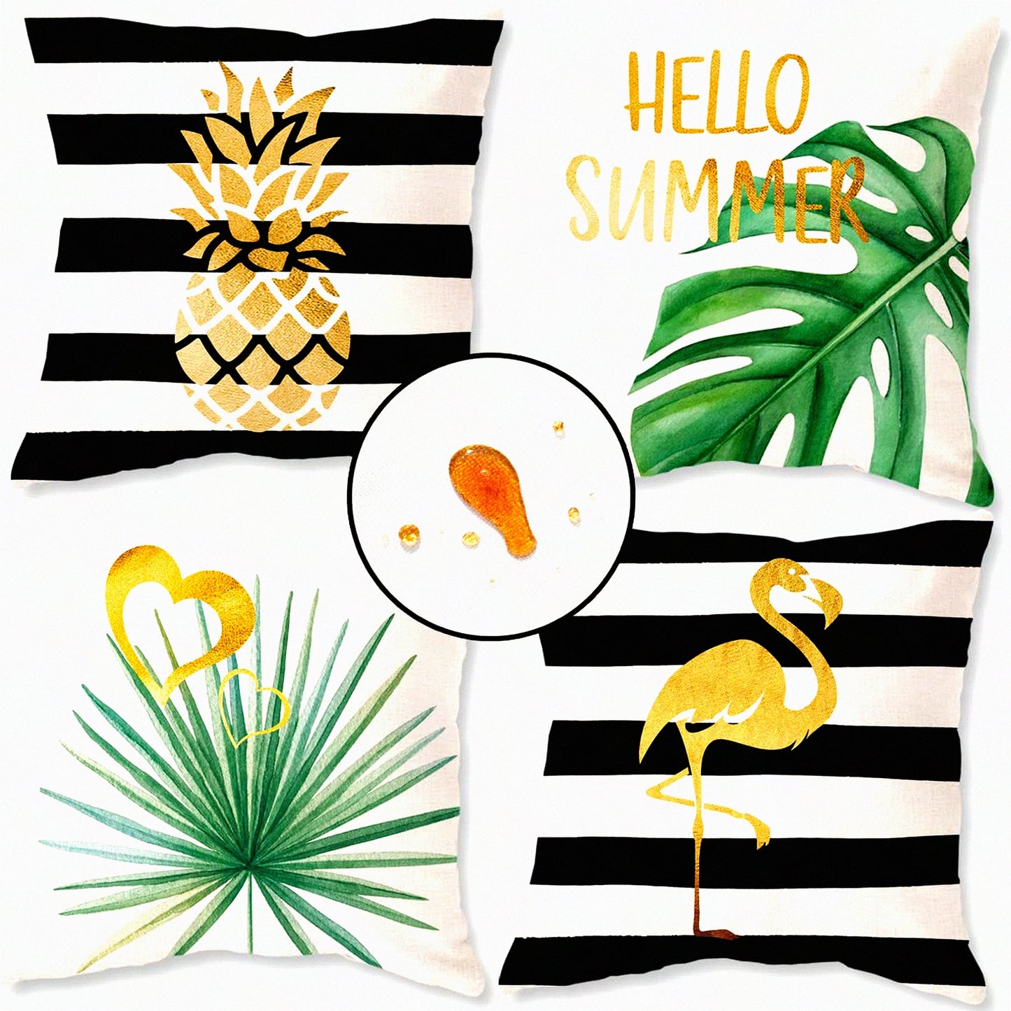 SummerVibe Waterproof Pillow Covers Set - Black Stripe Gold Tropical Pineapple Flamingo 16x16 Cushion Cases for Couch Patio Decorations