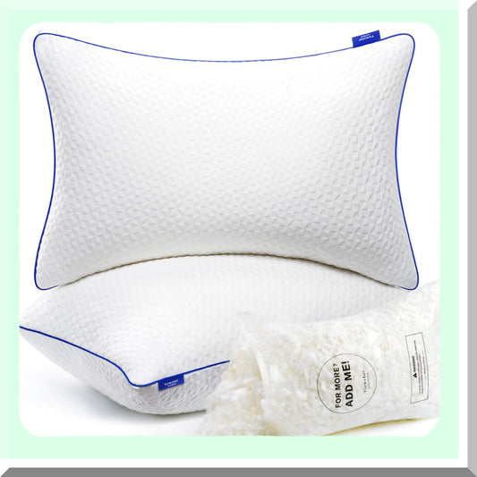 AdjustaFoam Queen Pillow Set - 2 Pack Shredded Memory Foam Pillows for Side Back Stomach Sleepers. Adjustable Firmness, Washable Cover 20"x30".