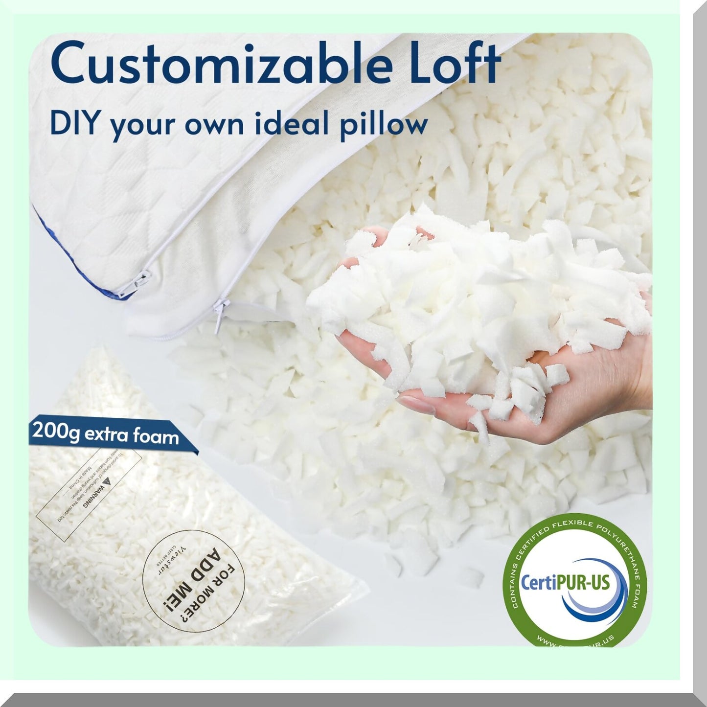 AdjustaFoam Queen Pillow Set - 2 Pack Shredded Memory Foam Pillows for Side Back Stomach Sleepers. Adjustable Firmness, Washable Cover 20"x30".