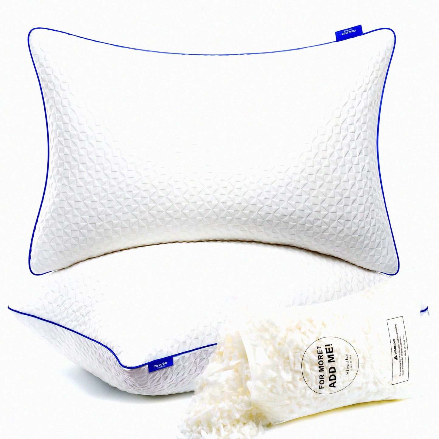 AdjustaFoam Queen Pillow Set - 2 Pack Shredded Memory Foam Pillows for Side Back Stomach Sleepers. Adjustable Firmness, Washable Cover 20"x30".