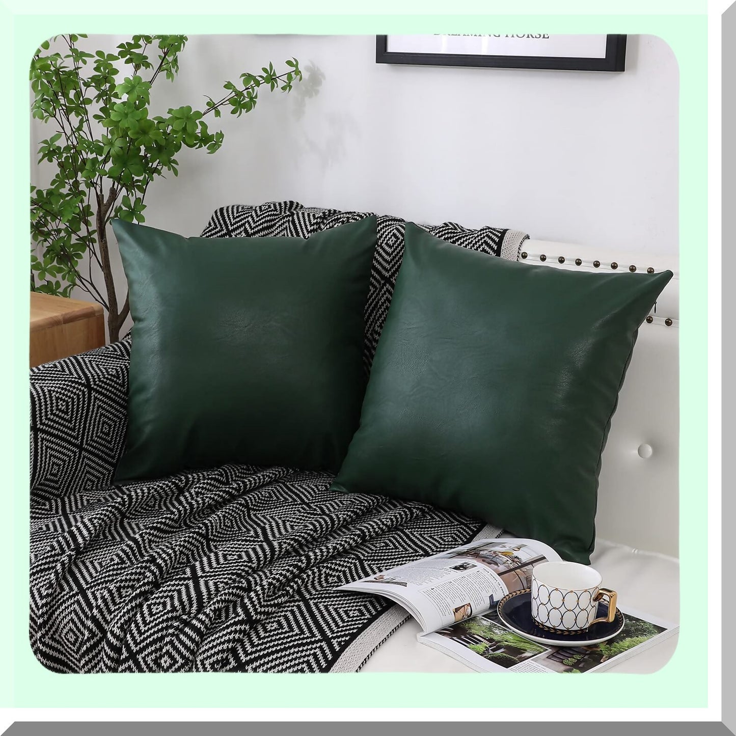 Cognac Leather Decorative Pillow Covers - Set of 2 Modern Solid Cushion Cases for Bedroom Living Room. Green, 20"x20" - Thick & Stylish Sofa Bed Accessories