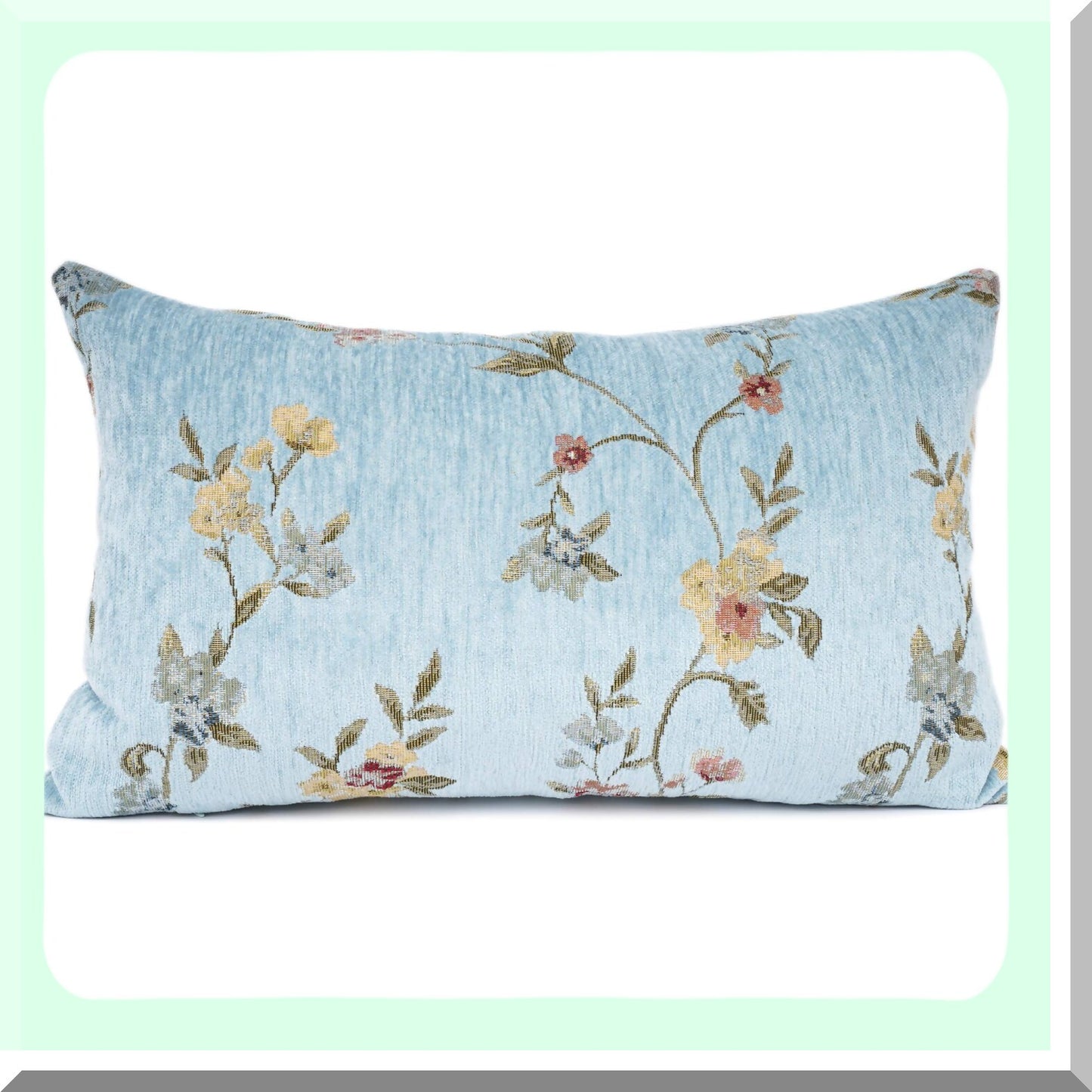 Teal Floral Jacquard Chenille Embroidery Throw Pillow - Farmhouse Decorative Oblong Rectangle Case, 12x20"