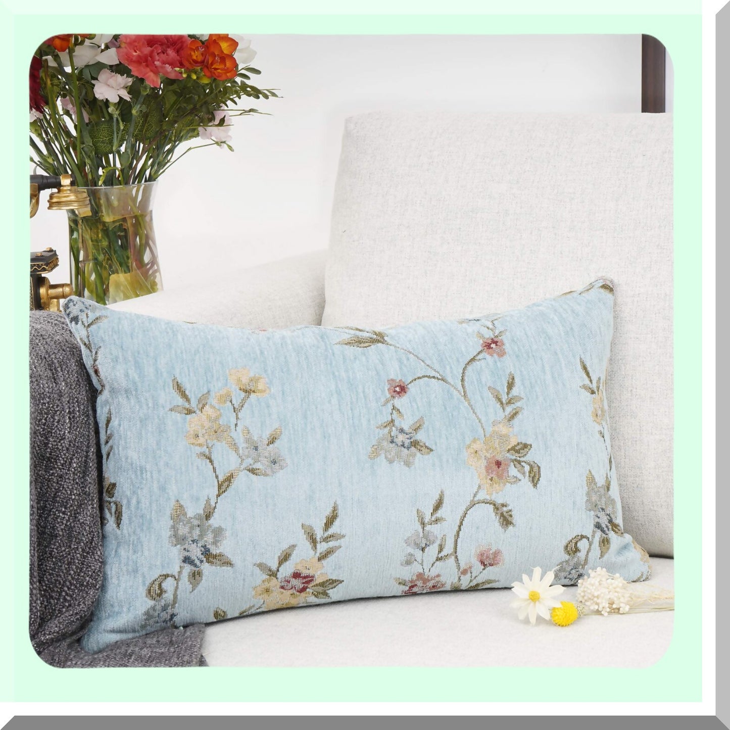 Teal Floral Jacquard Chenille Embroidery Throw Pillow - Farmhouse Decorative Oblong Rectangle Case, 12x20"