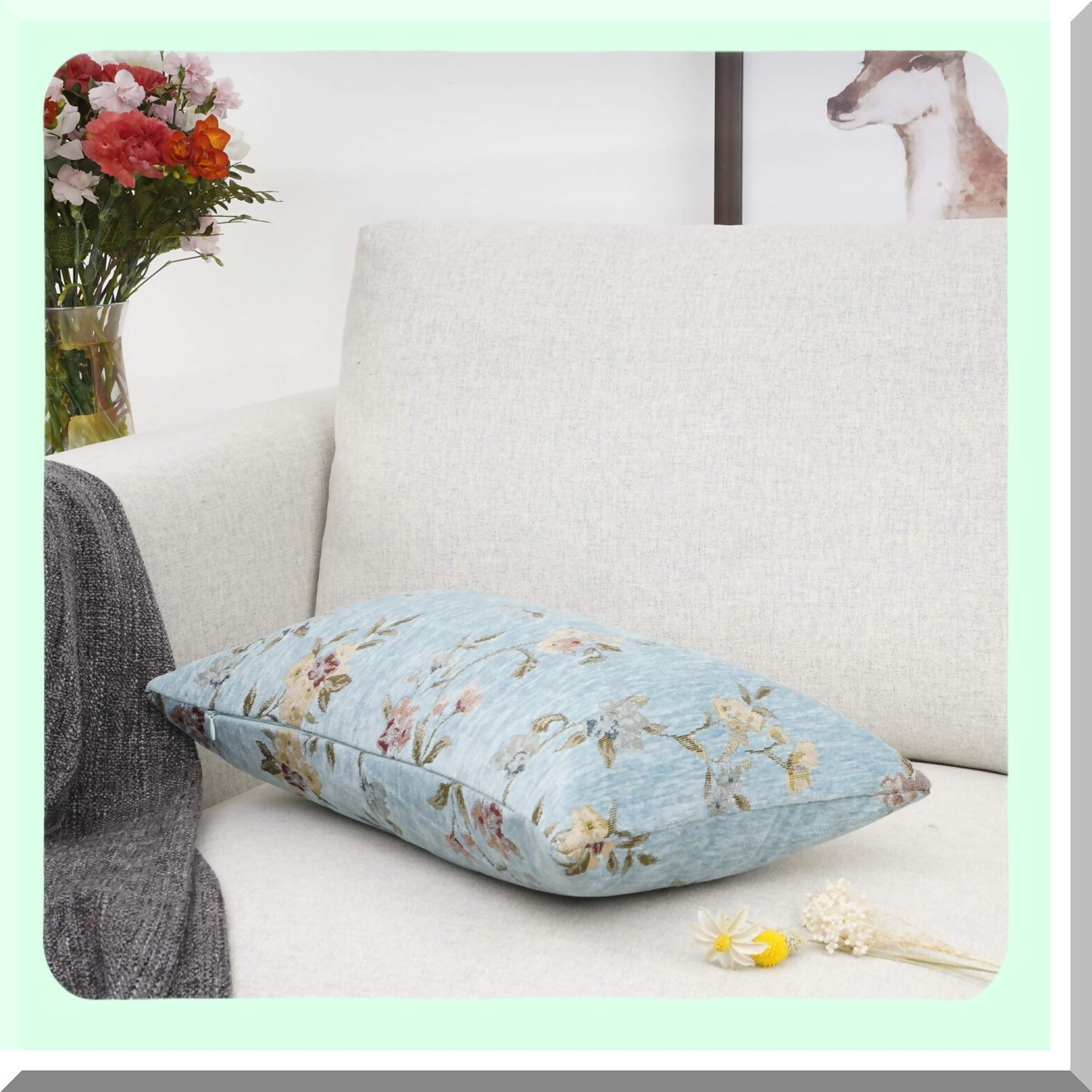 Teal Floral Jacquard Chenille Embroidery Throw Pillow - Farmhouse Decorative Oblong Rectangle Case, 12x20"