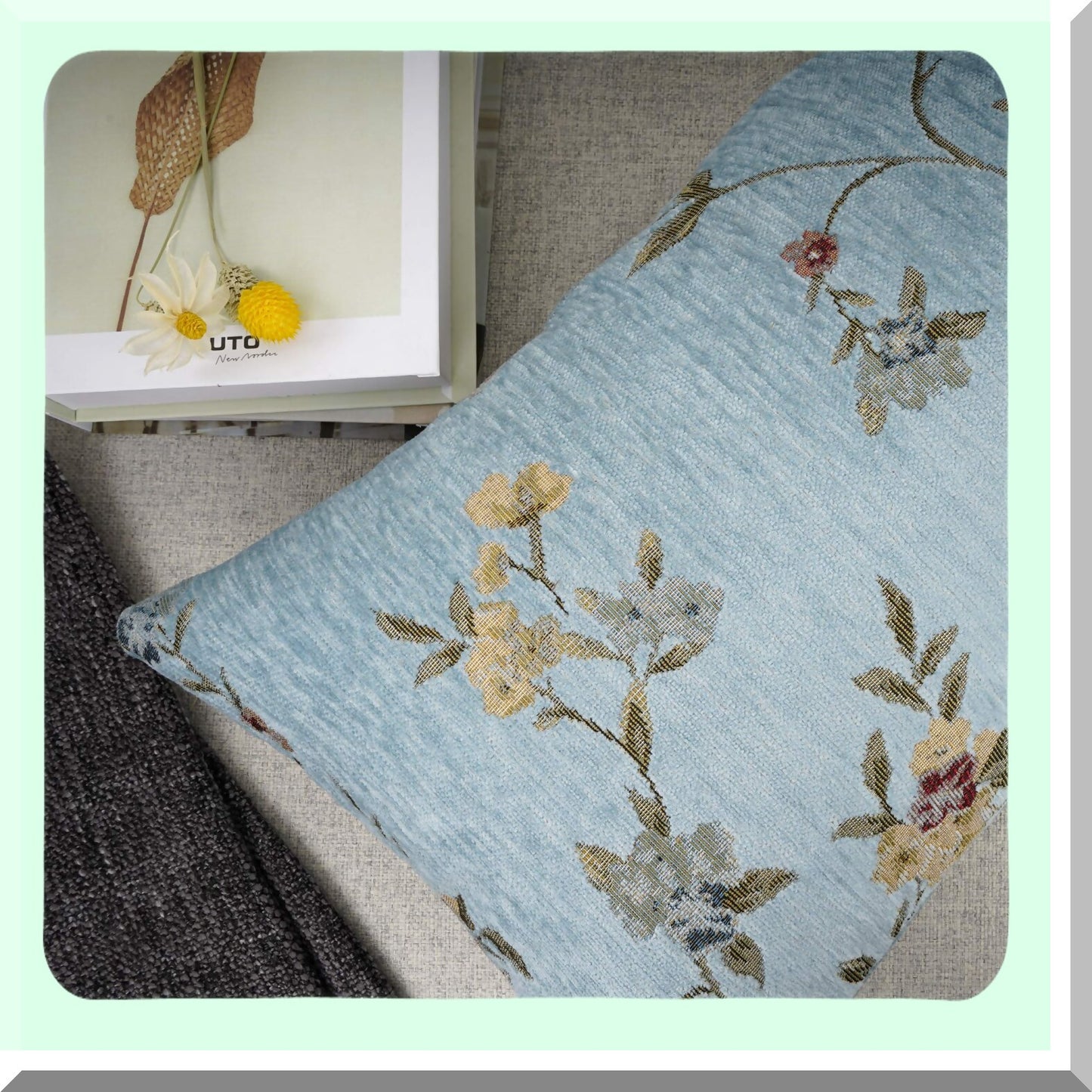 Teal Floral Jacquard Chenille Embroidery Throw Pillow - Farmhouse Decorative Oblong Rectangle Case, 12x20"