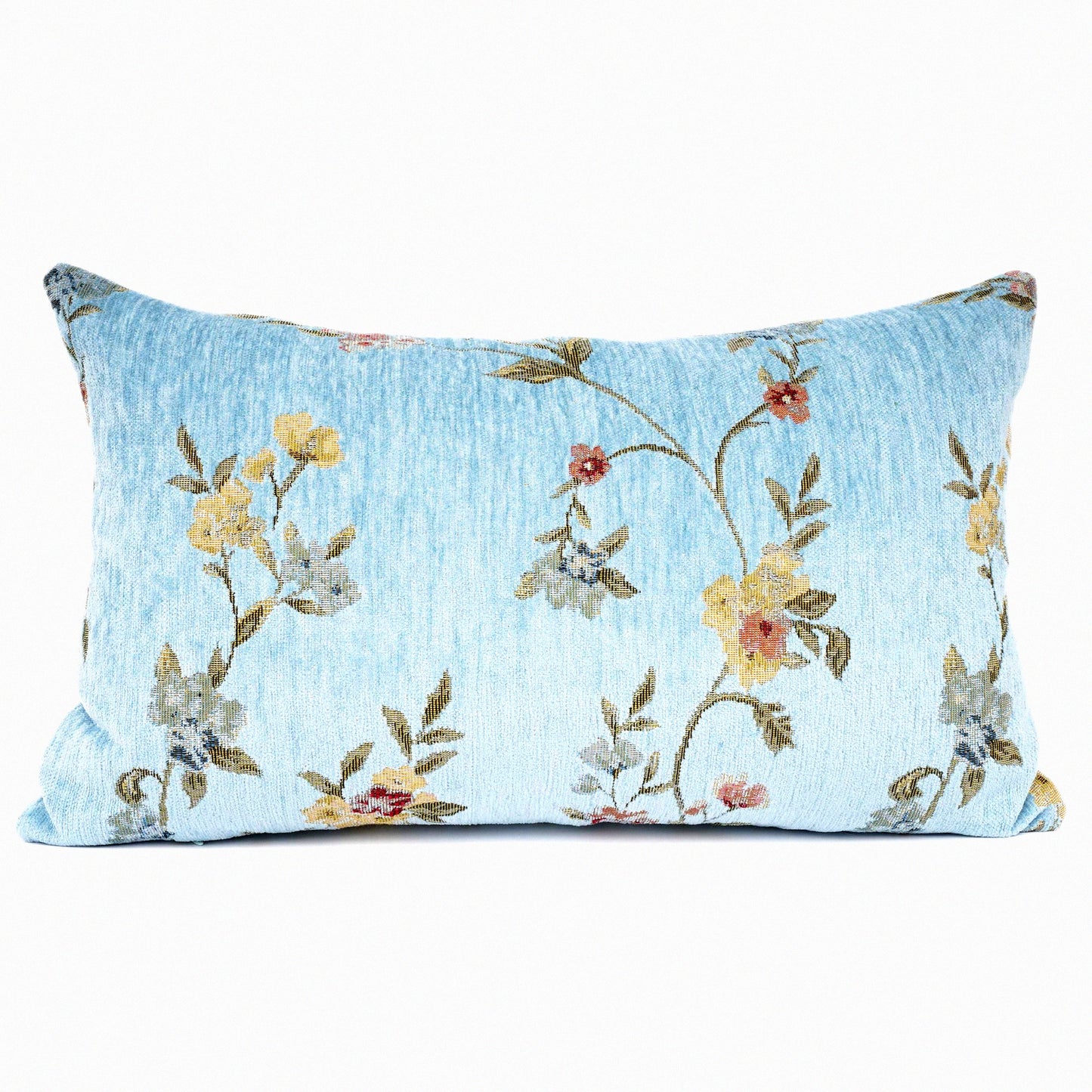 Teal Floral Jacquard Chenille Embroidery Throw Pillow - Farmhouse Decorative Oblong Rectangle Case, 12x20"
