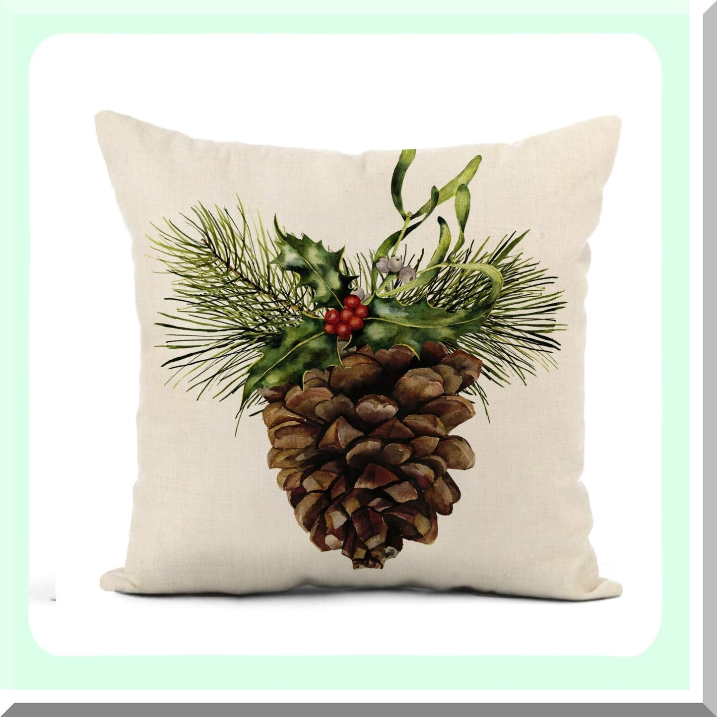 Watercolor Pine Cone Tree Branch Holly Mistletoe Flax Pillowcase
