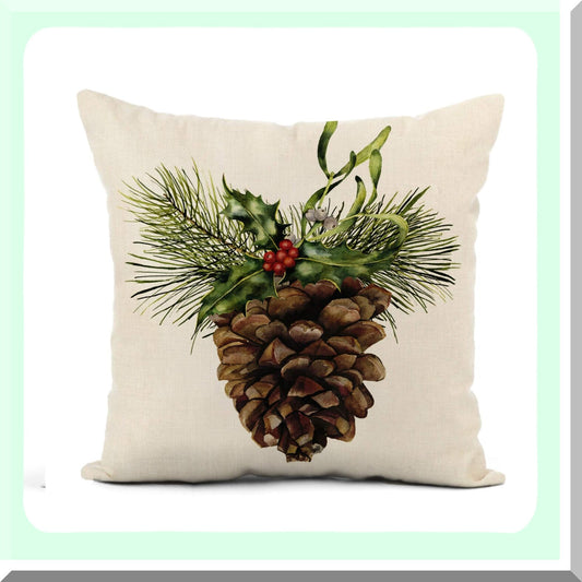 Watercolor Pine Cone Tree Branch Holly Mistletoe Flax Pillowcase