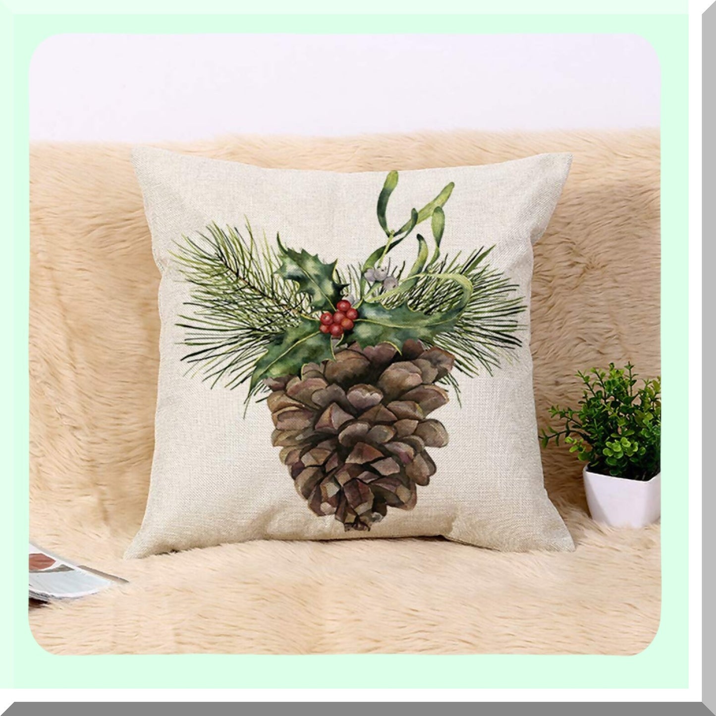 Watercolor Pine Cone Tree Branch Holly Mistletoe Flax Pillowcase