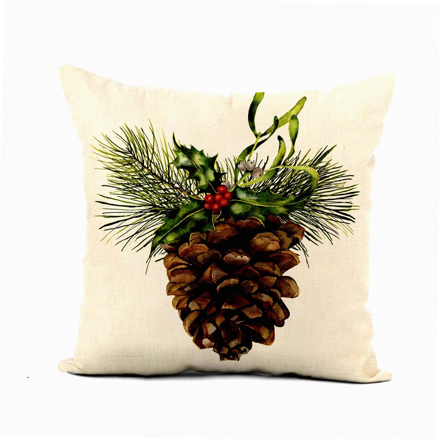 Watercolor Pine Cone Tree Branch Holly Mistletoe Flax Pillowcase