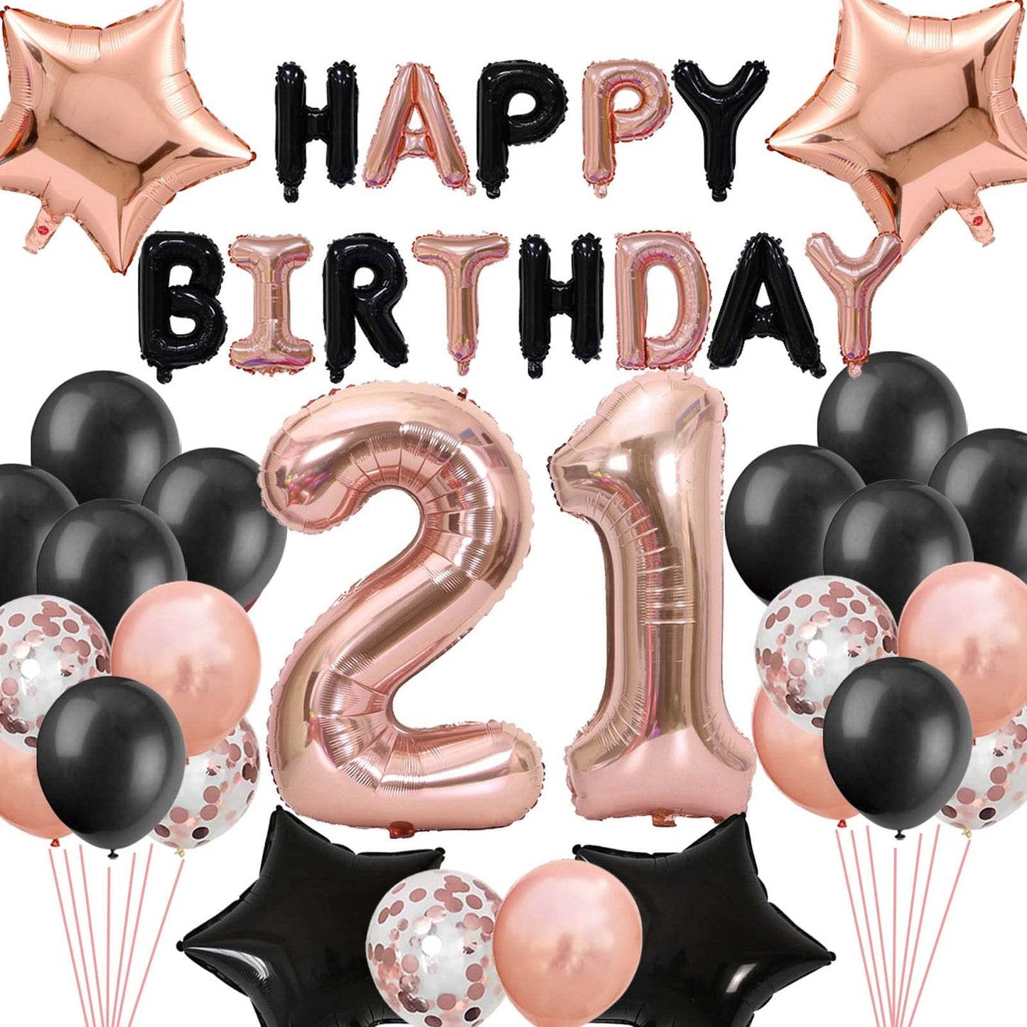 Rose Gold Starburst 21st Birthday Party Pack - Black Rose Gold Happy Birthday Banner, Jumbo Number 21 Balloons, Star Foil Balloons, Confetti Balloons - Ideal Decorations for Her 21 Years Old Celebration