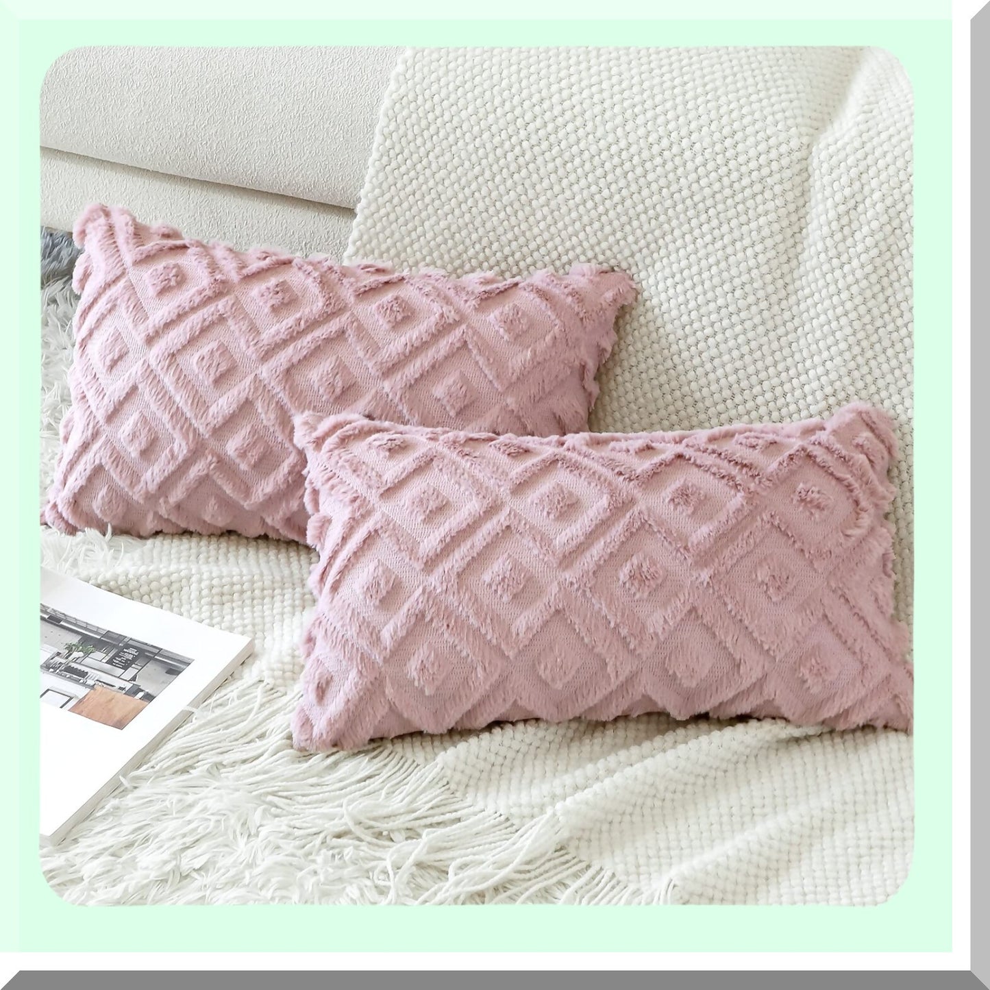 Luxury Plush Velvet Throw Pillow Covers - 3D Square Loop Pattern - Soft Short Wool - Decorative Couch Cushion Covers - Living Room Decor - Pink 12x20 Inch - Pack of 2