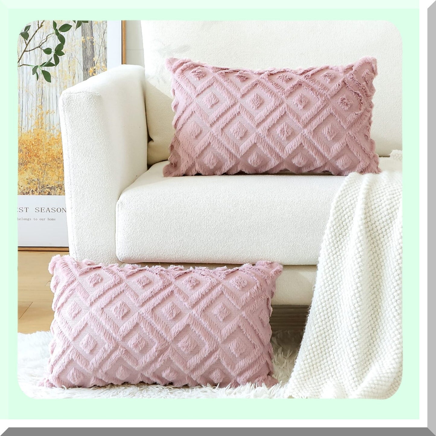 Luxury Plush Velvet Throw Pillow Covers - 3D Square Loop Pattern - Soft Short Wool - Decorative Couch Cushion Covers - Living Room Decor - Pink 12x20 Inch - Pack of 2