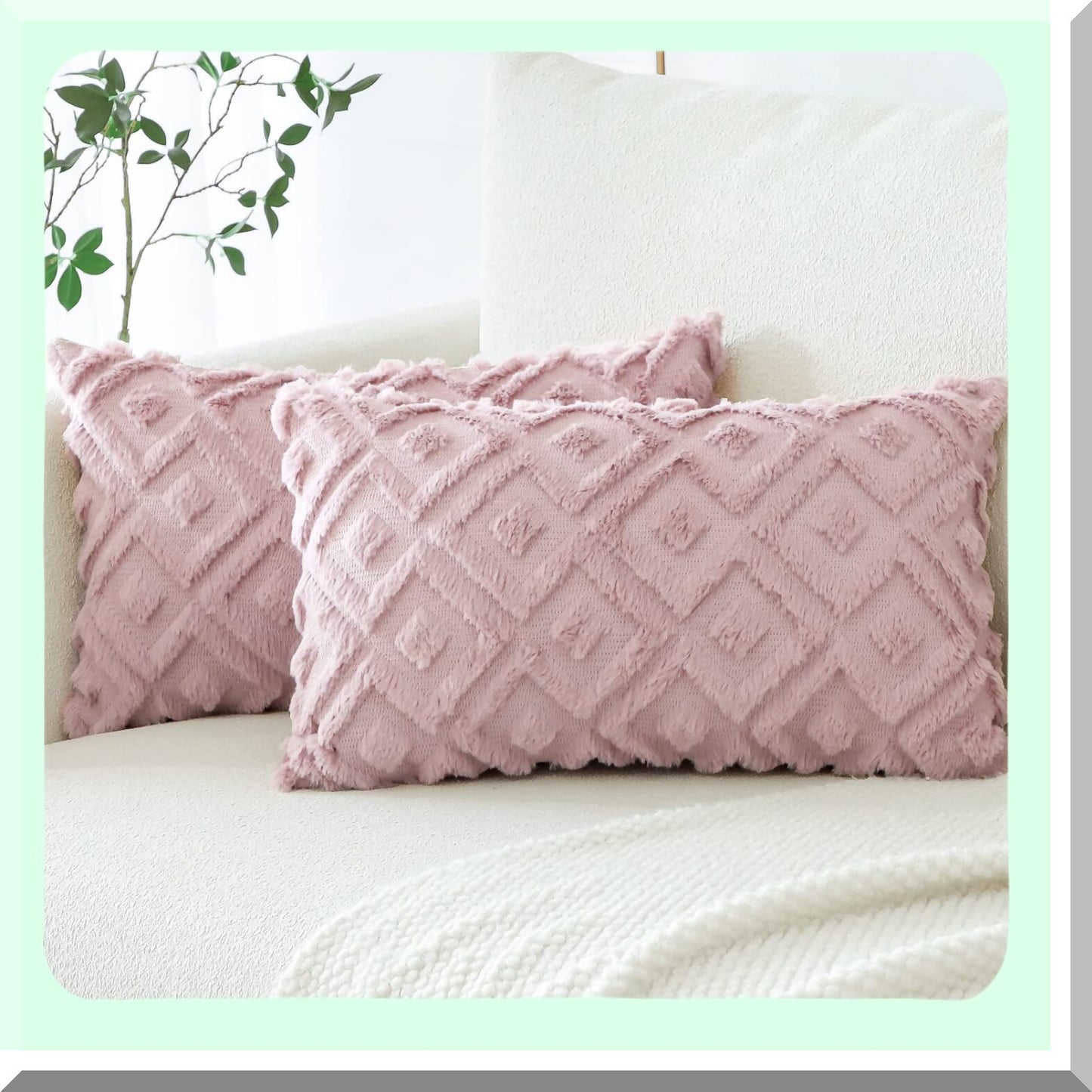 Luxury Plush Velvet Throw Pillow Covers - 3D Square Loop Pattern - Soft Short Wool - Decorative Couch Cushion Covers - Living Room Decor - Pink 12x20 Inch - Pack of 2