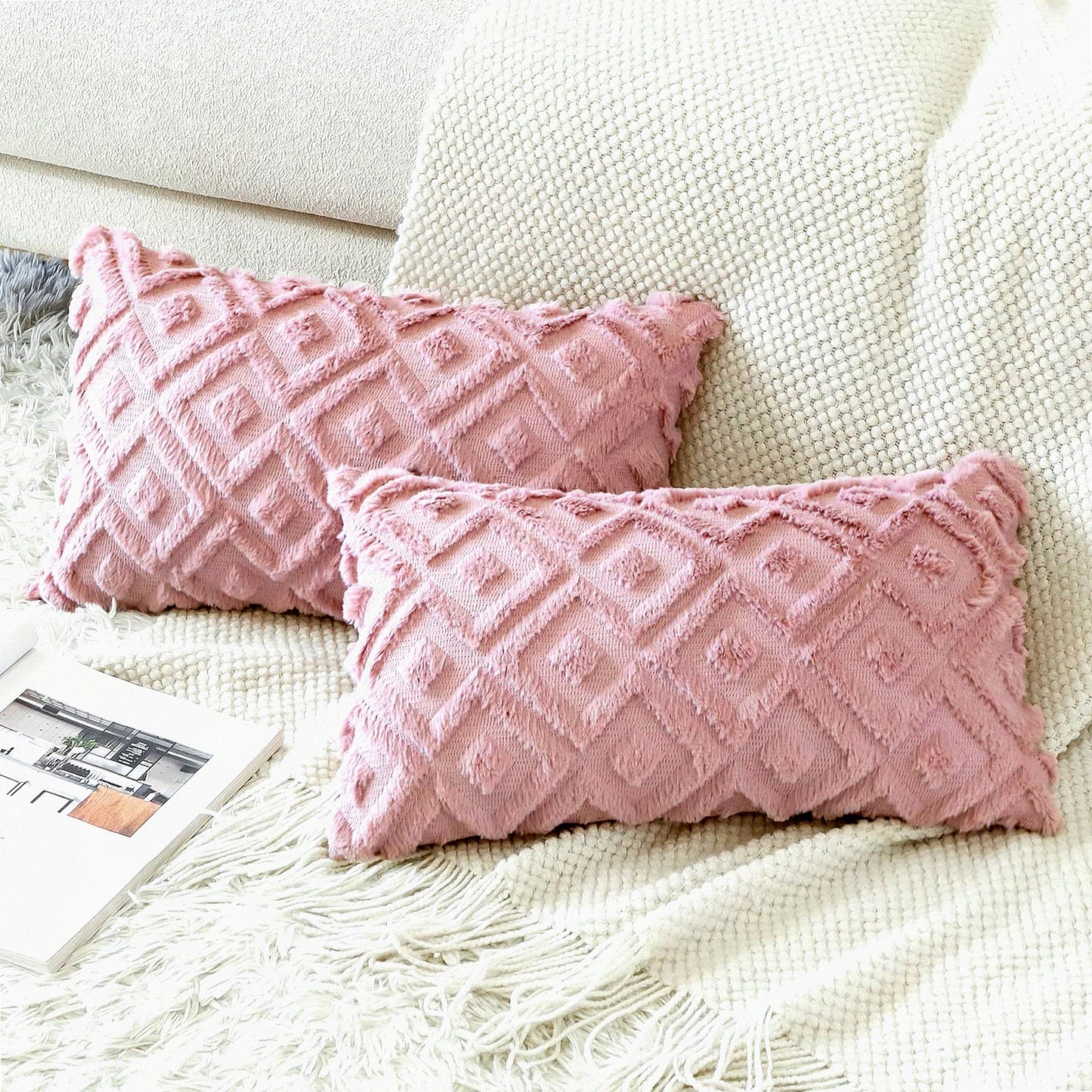 Luxury Plush Velvet Throw Pillow Covers - 3D Square Loop Pattern - Soft Short Wool - Decorative Couch Cushion Covers - Living Room Decor - Pink 12x20 Inch - Pack of 2