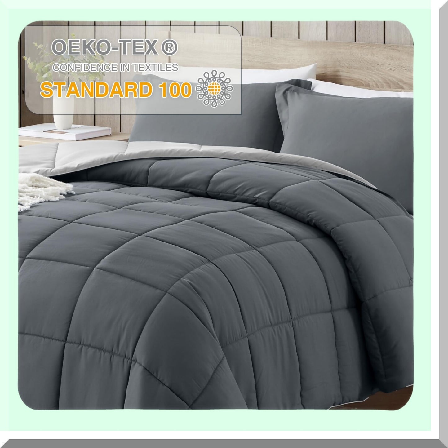 Dark Grey California Comforter Set - Lightweight & Soft Down Alternative Bedding with Reversible Design - All Season Cal Size 3Pcs Bed Set with Shams