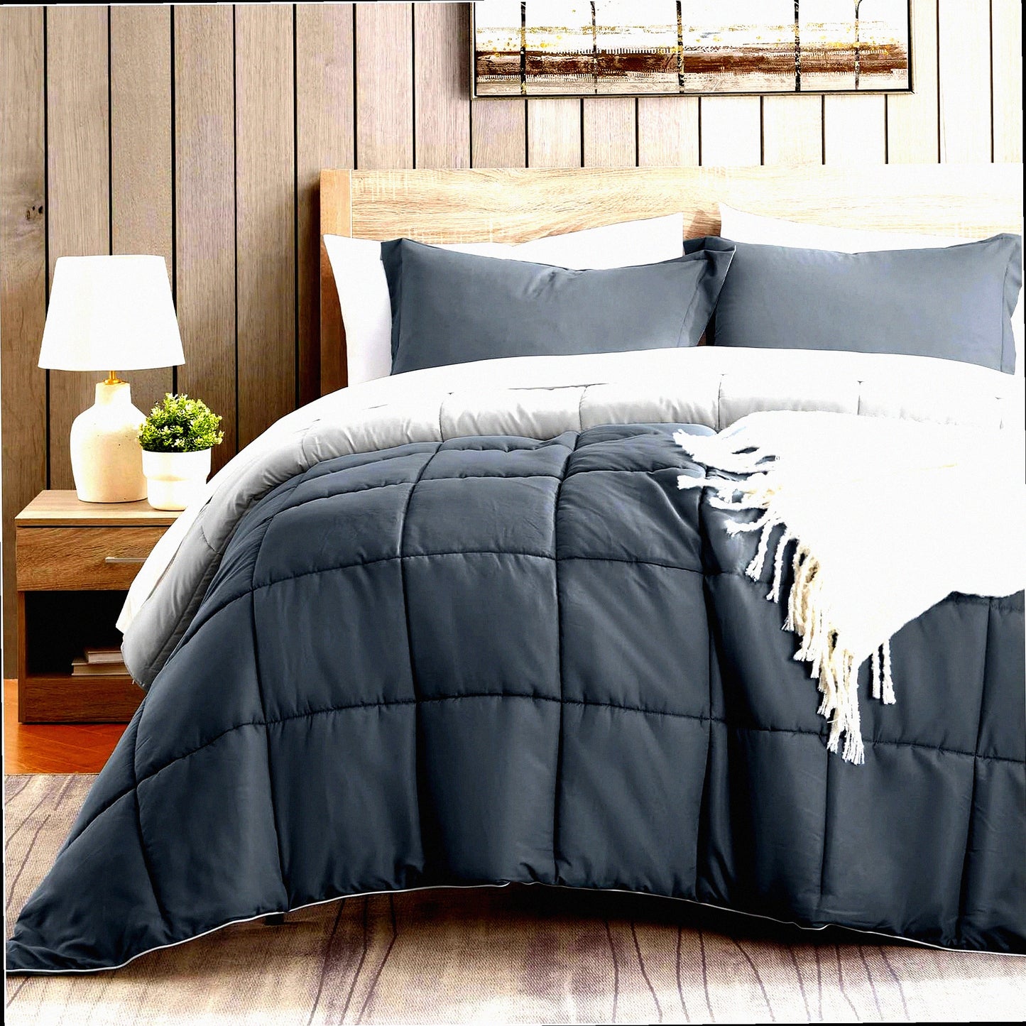 Dark Grey California Comforter Set - Lightweight & Soft Down Alternative Bedding with Reversible Design - All Season Cal Size 3Pcs Bed Set with Shams